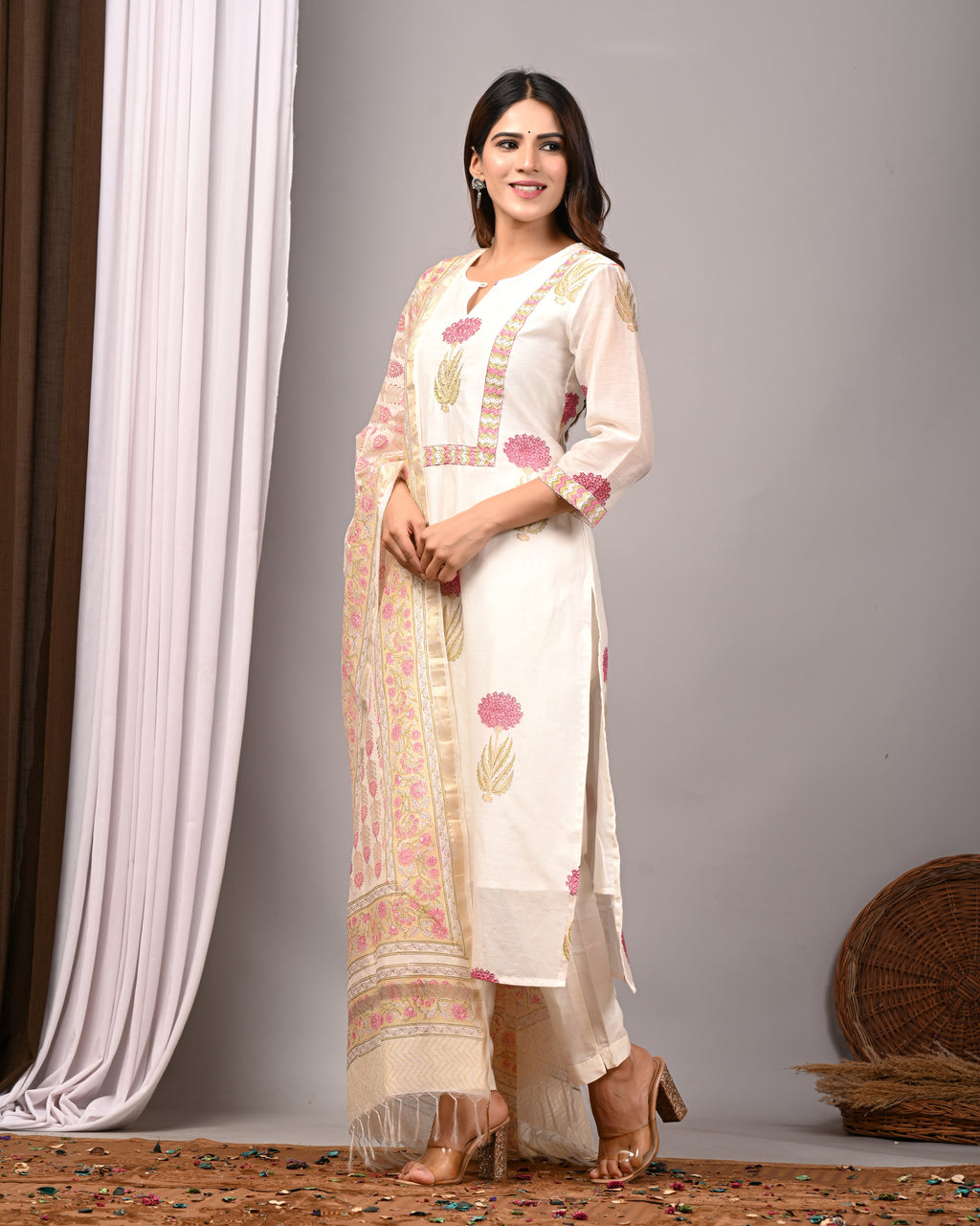 Ivory Blossom Boota Handblock Chanderi Silk Suit Set