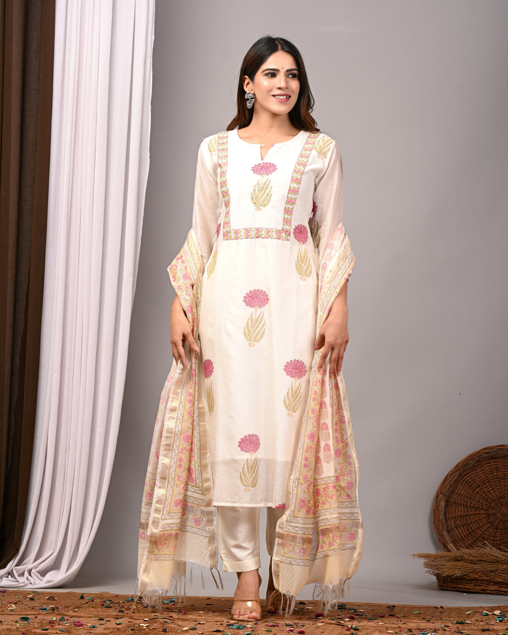Ivory Blossom Boota Handblock Chanderi Silk Suit Set