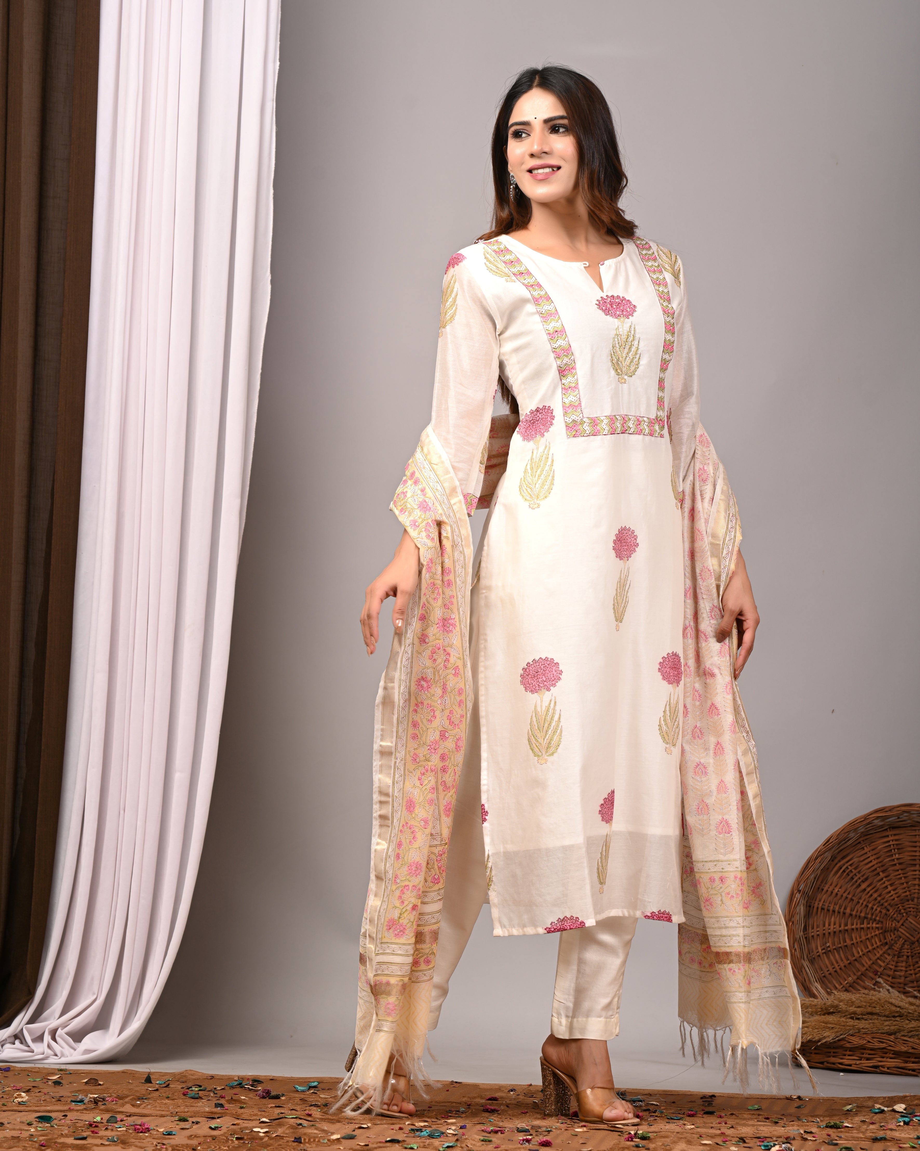 Ivory Blossom Boota Handblock Chanderi Silk Suit Set