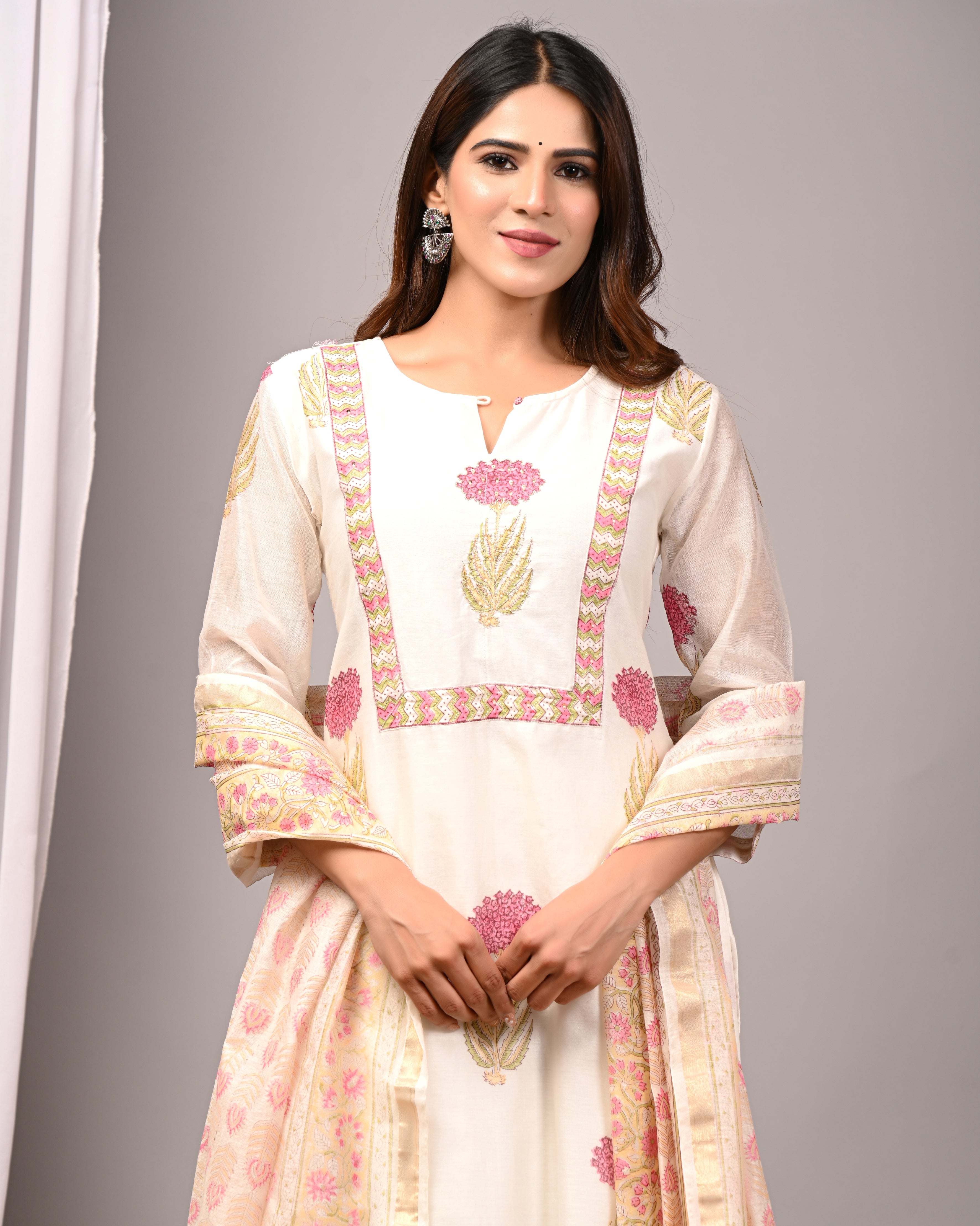 Ivory Blossom Boota Handblock Chanderi Silk Suit Set