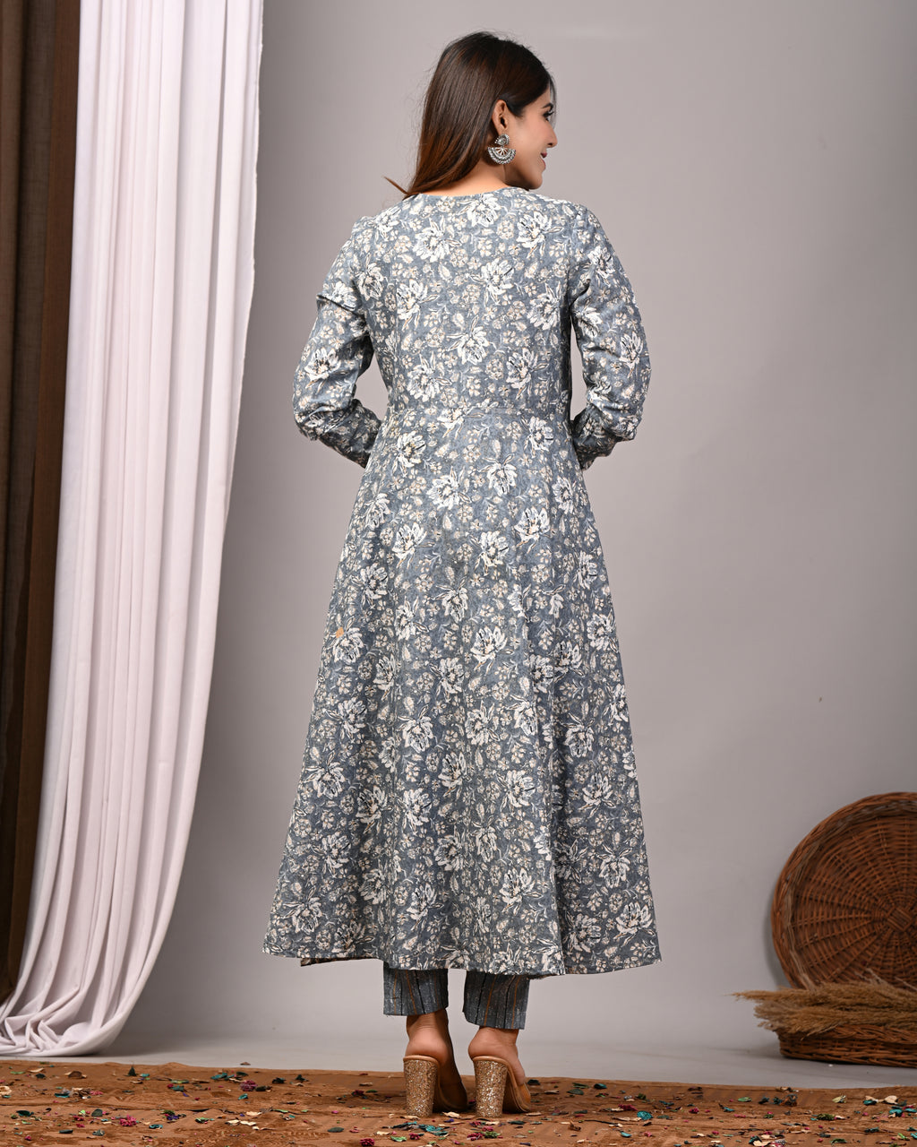 Shadow Slate Sanganeri Cotton A-Line Sundress Set