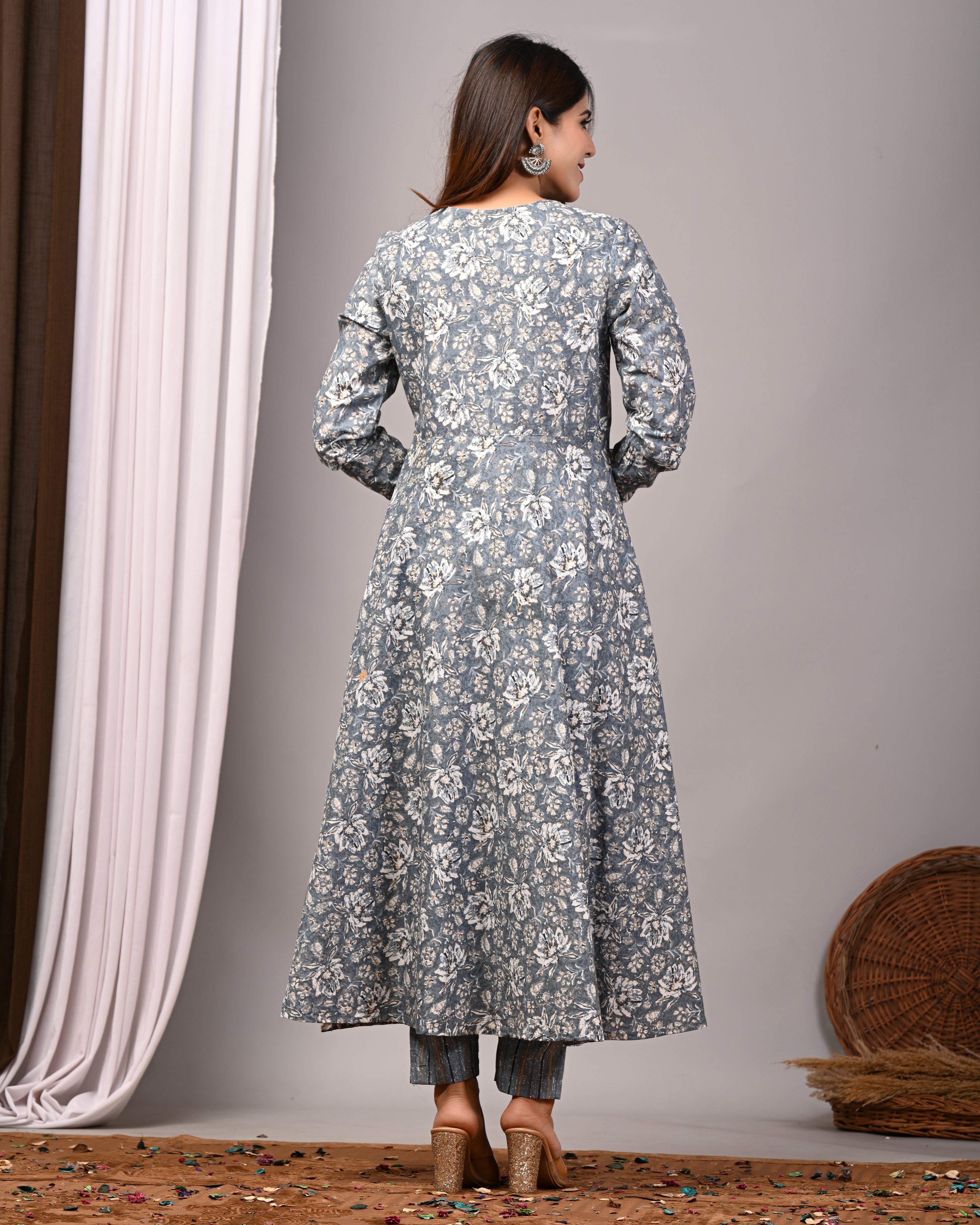 Shadow Slate Sanganeri Cotton A-Line Sundress Set