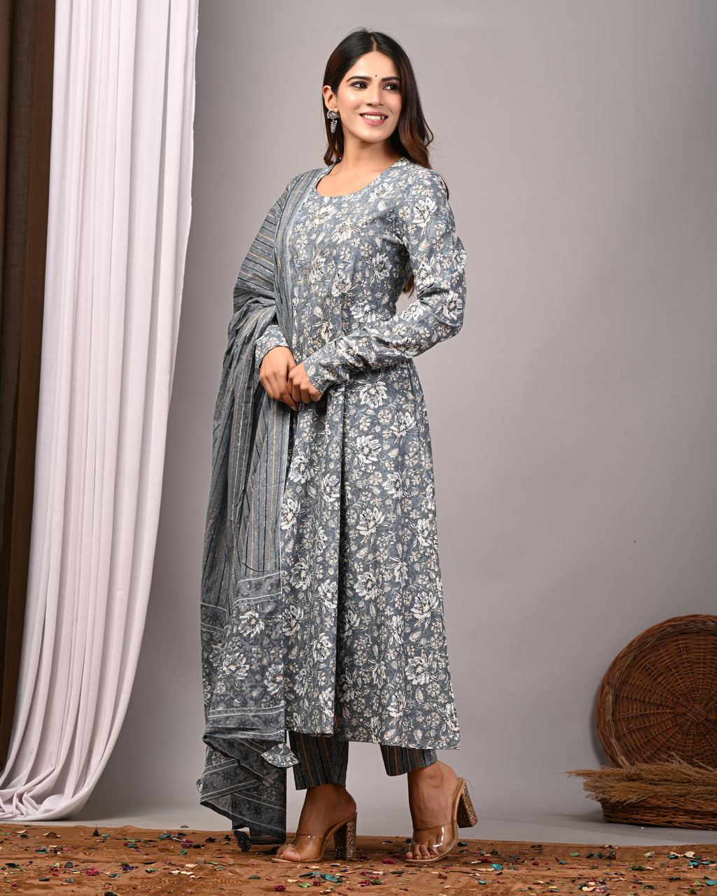 Shadow Slate Sanganeri Cotton A-Line Sundress Set