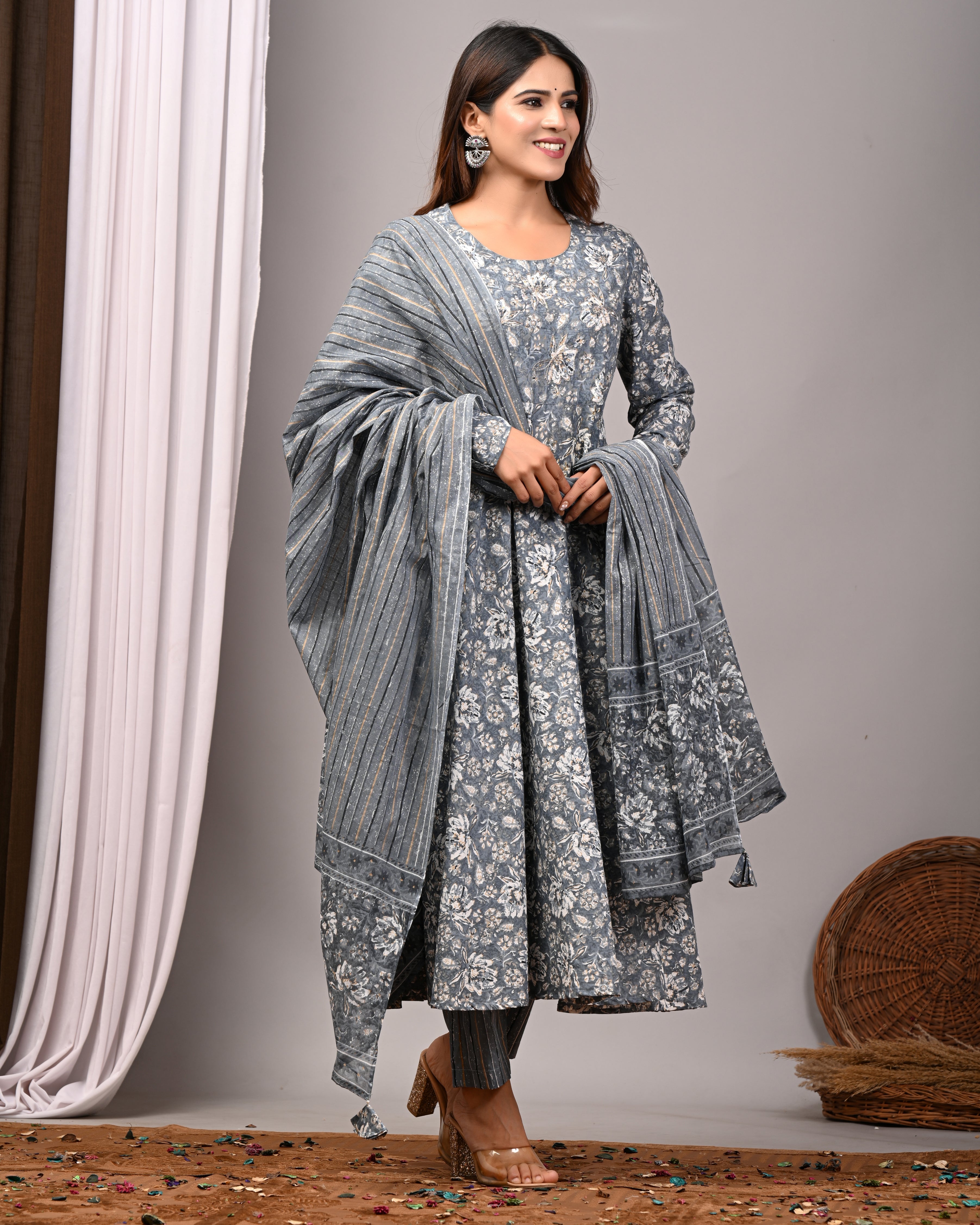 Shadow Slate Sanganeri Cotton A-Line Sundress Set