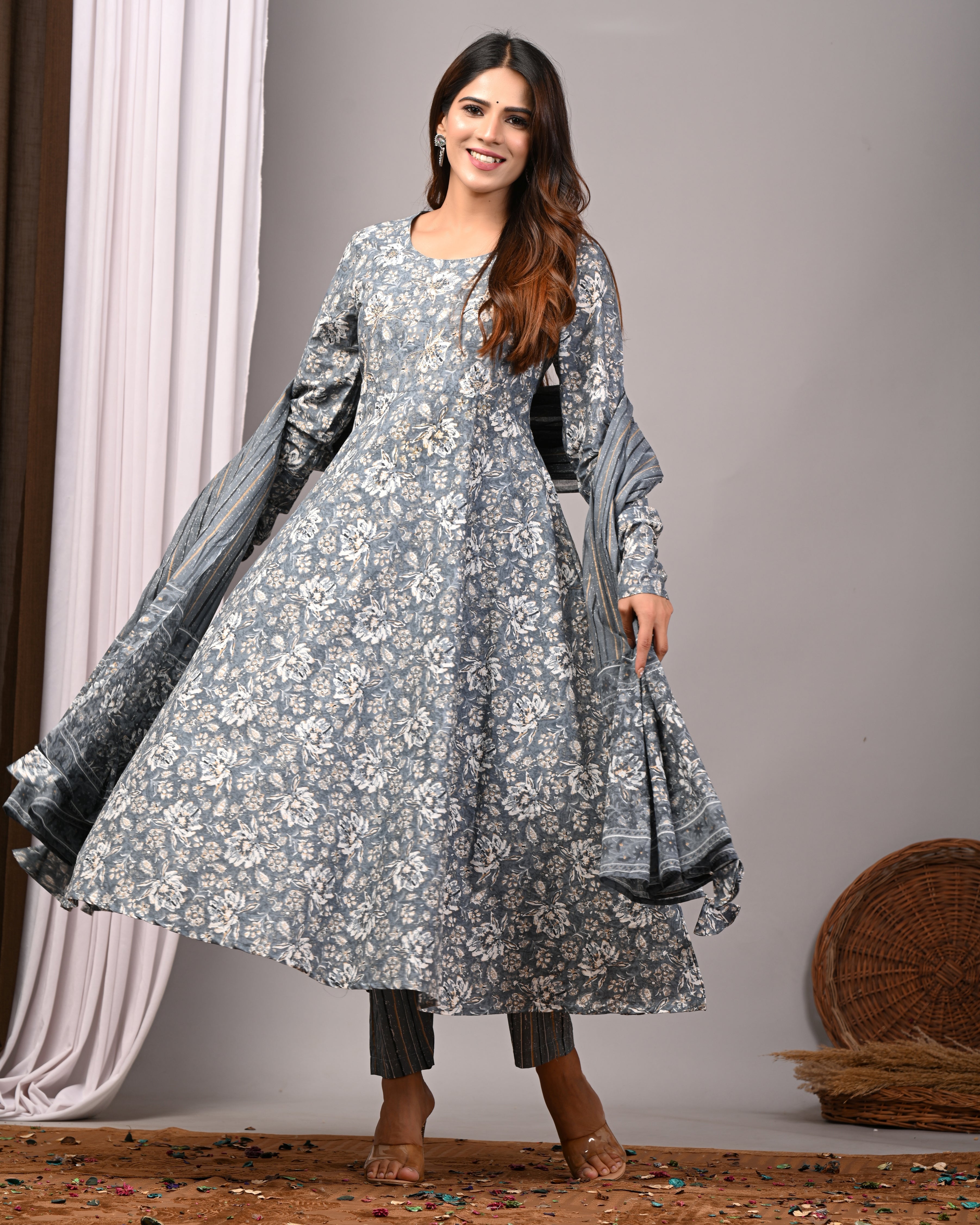 Shadow Slate Sanganeri Cotton A-Line Sundress Set