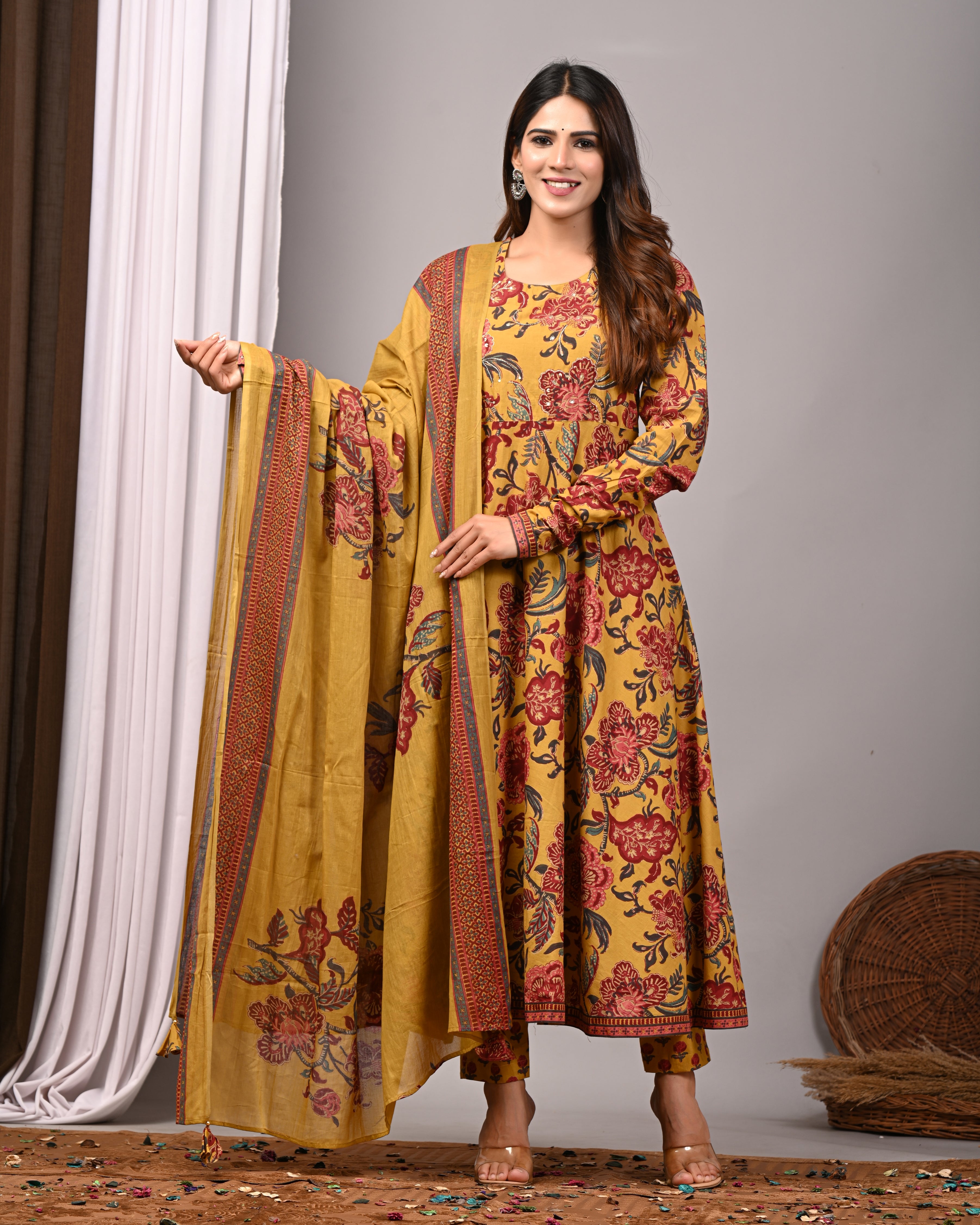 Golden Ochre Sanganeri Cotton A-Line Sundress Set