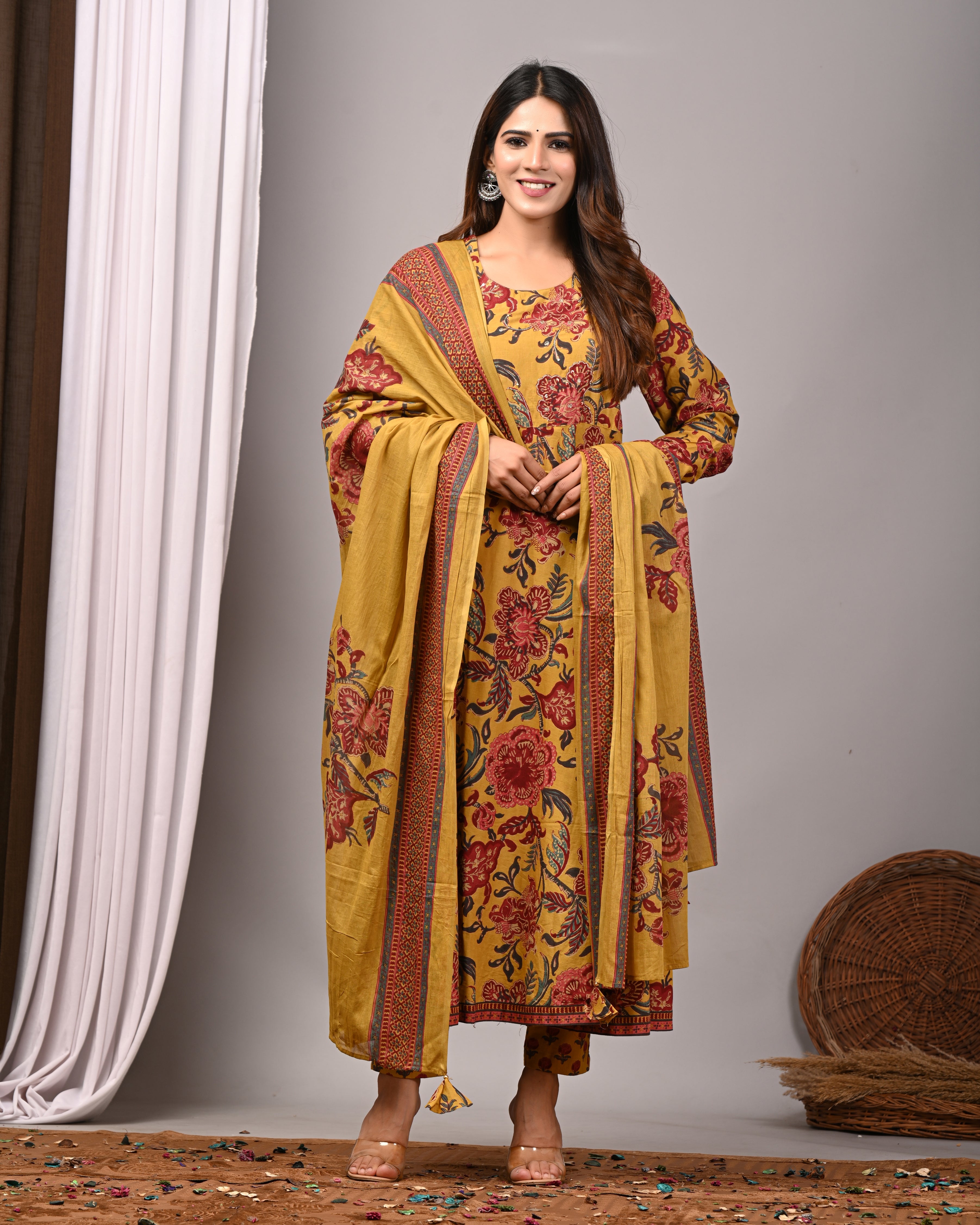 Golden Ochre Sanganeri Cotton A-Line Sundress Set