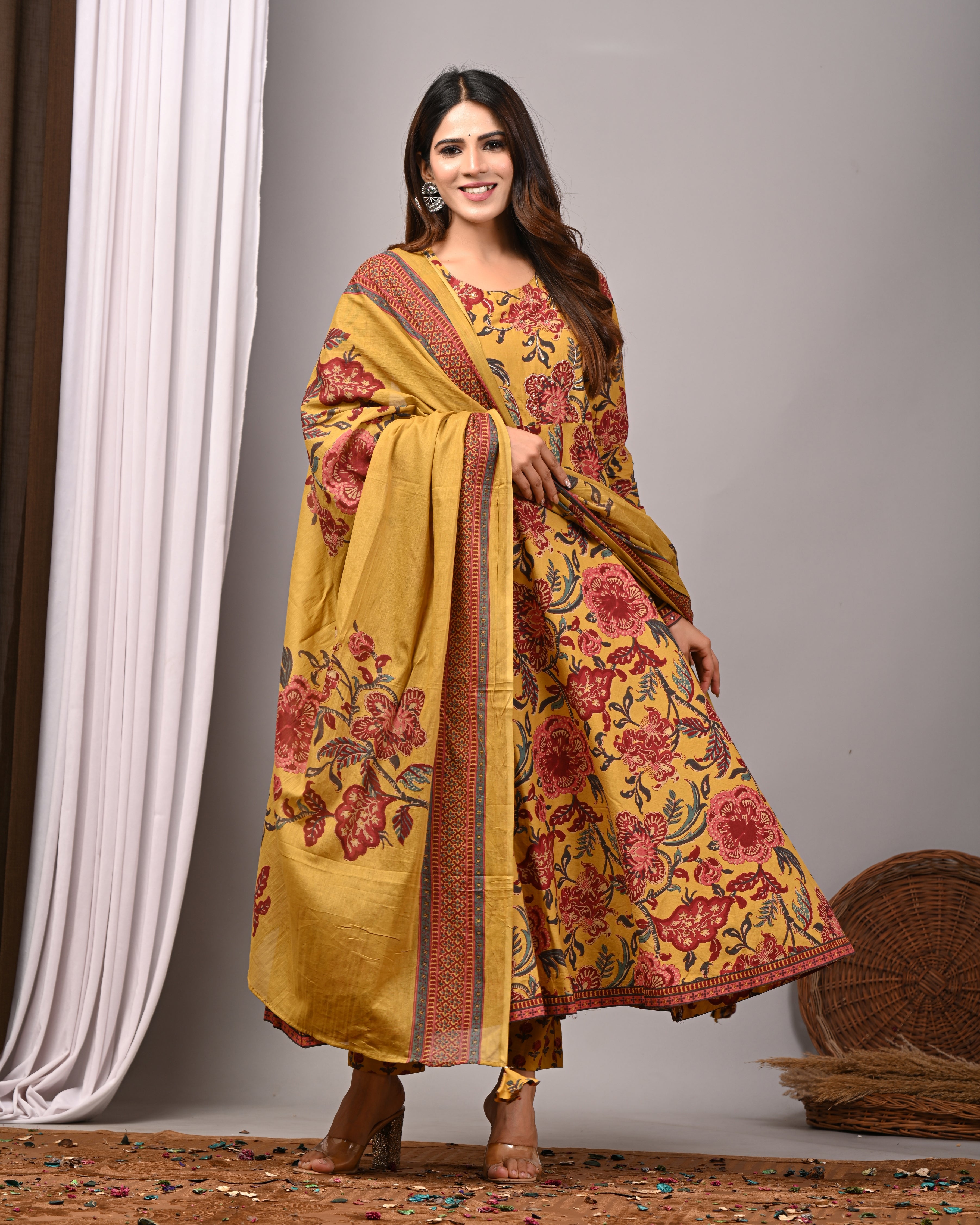 Golden Ochre Sanganeri Cotton A-Line Sundress Set