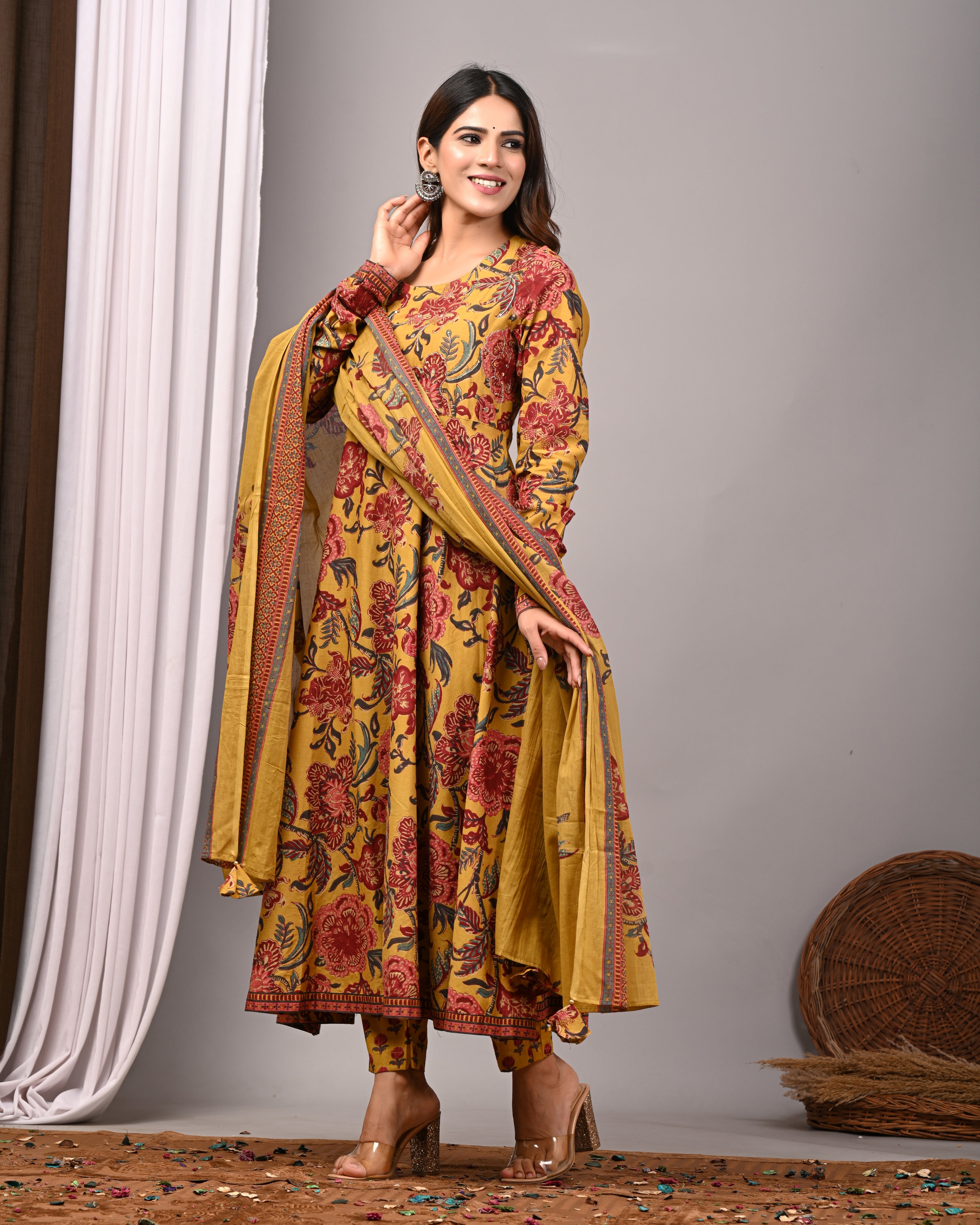 Golden Ochre Sanganeri Cotton A-Line Sundress Set