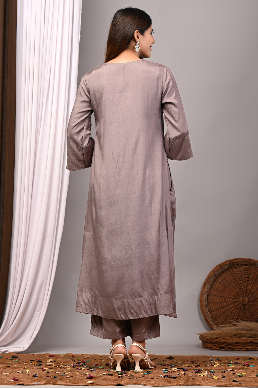 Mink Taupe Hand-Embroidered Modal Silk Set