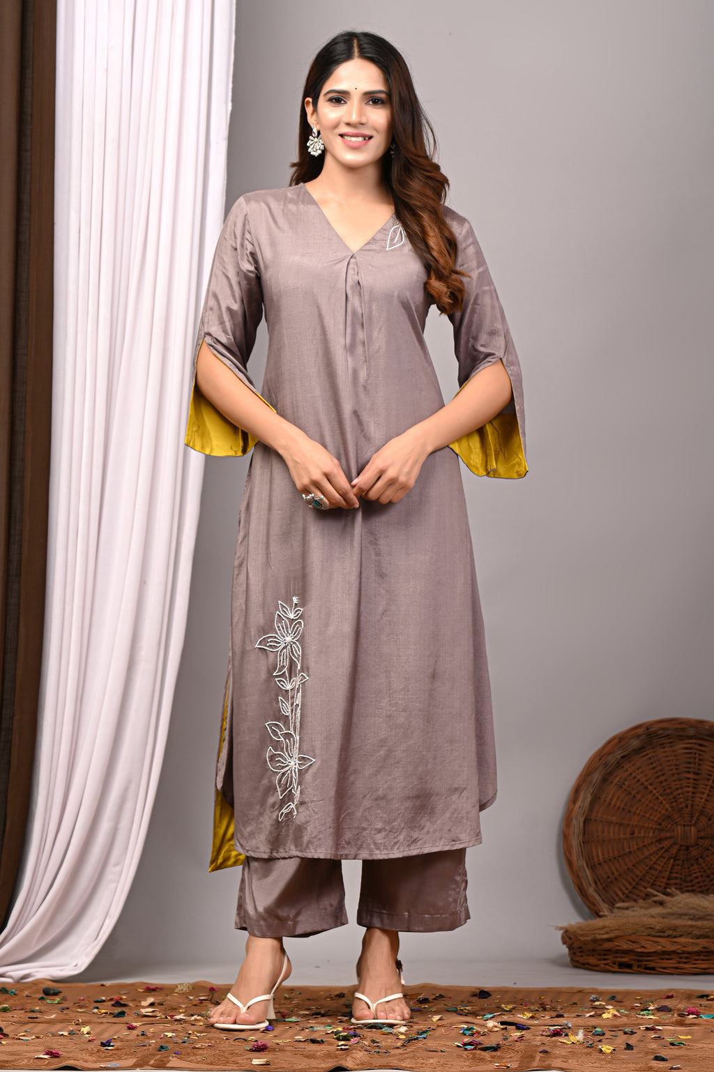 Mink Taupe Hand-Embroidered Modal Silk Set