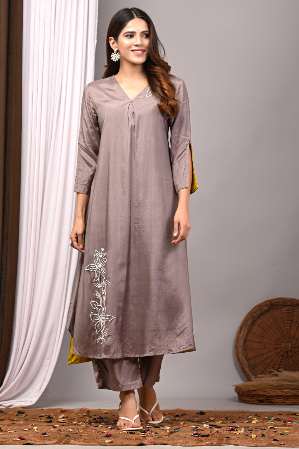Mink Taupe Hand-Embroidered Modal Silk Set