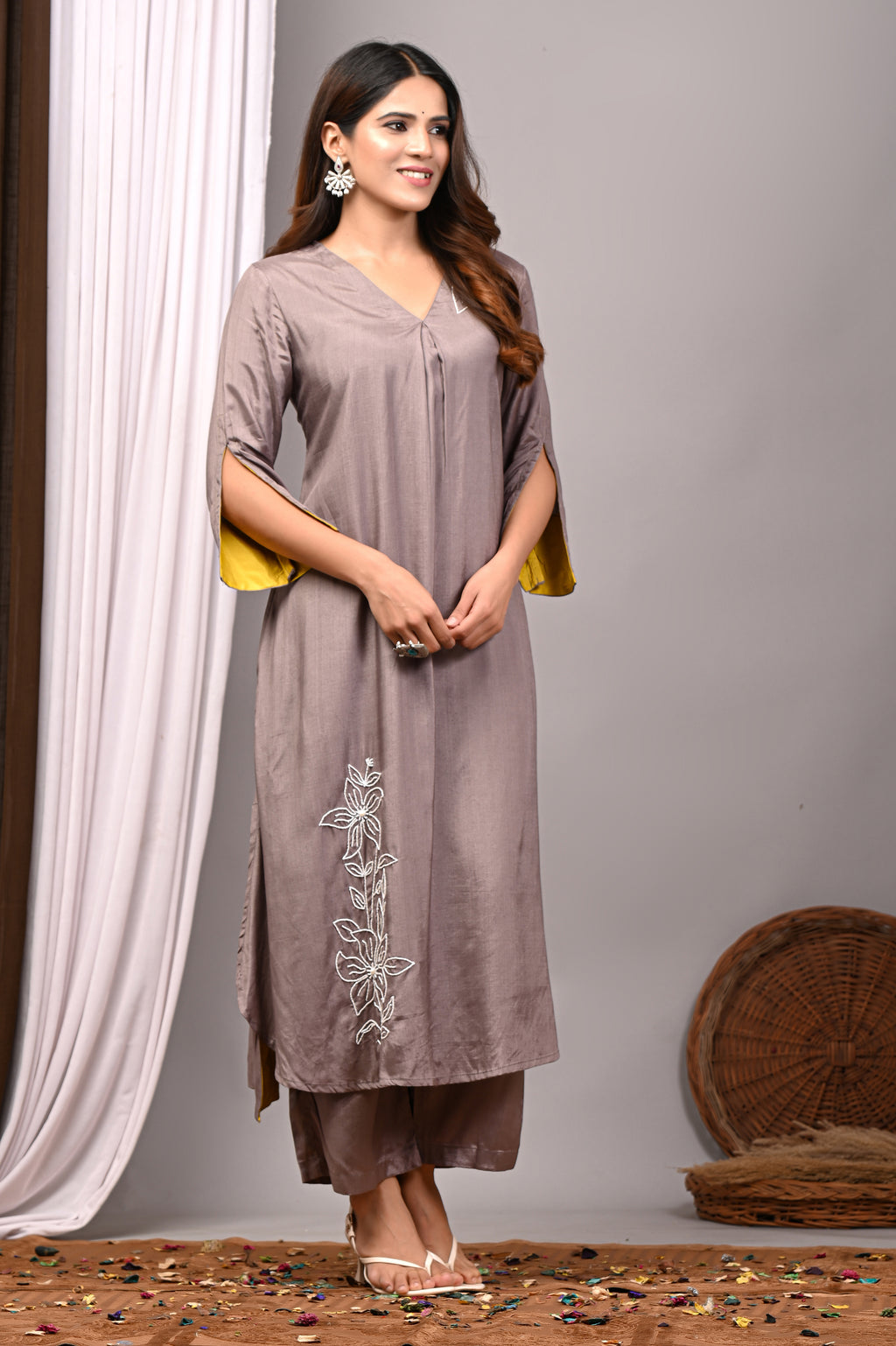 Mink Taupe Hand-Embroidered Modal Silk Set
