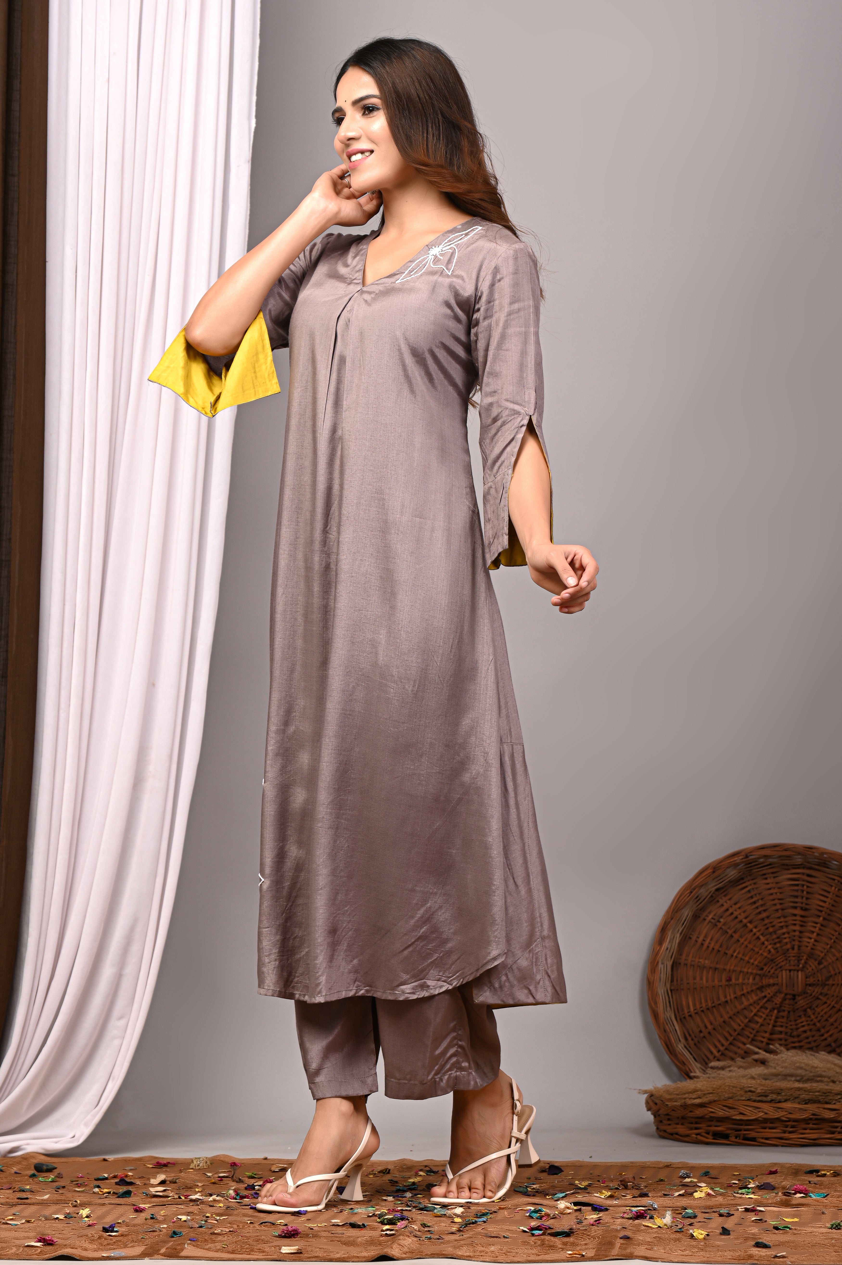 Mink Taupe Hand-Embroidered Modal Silk Set