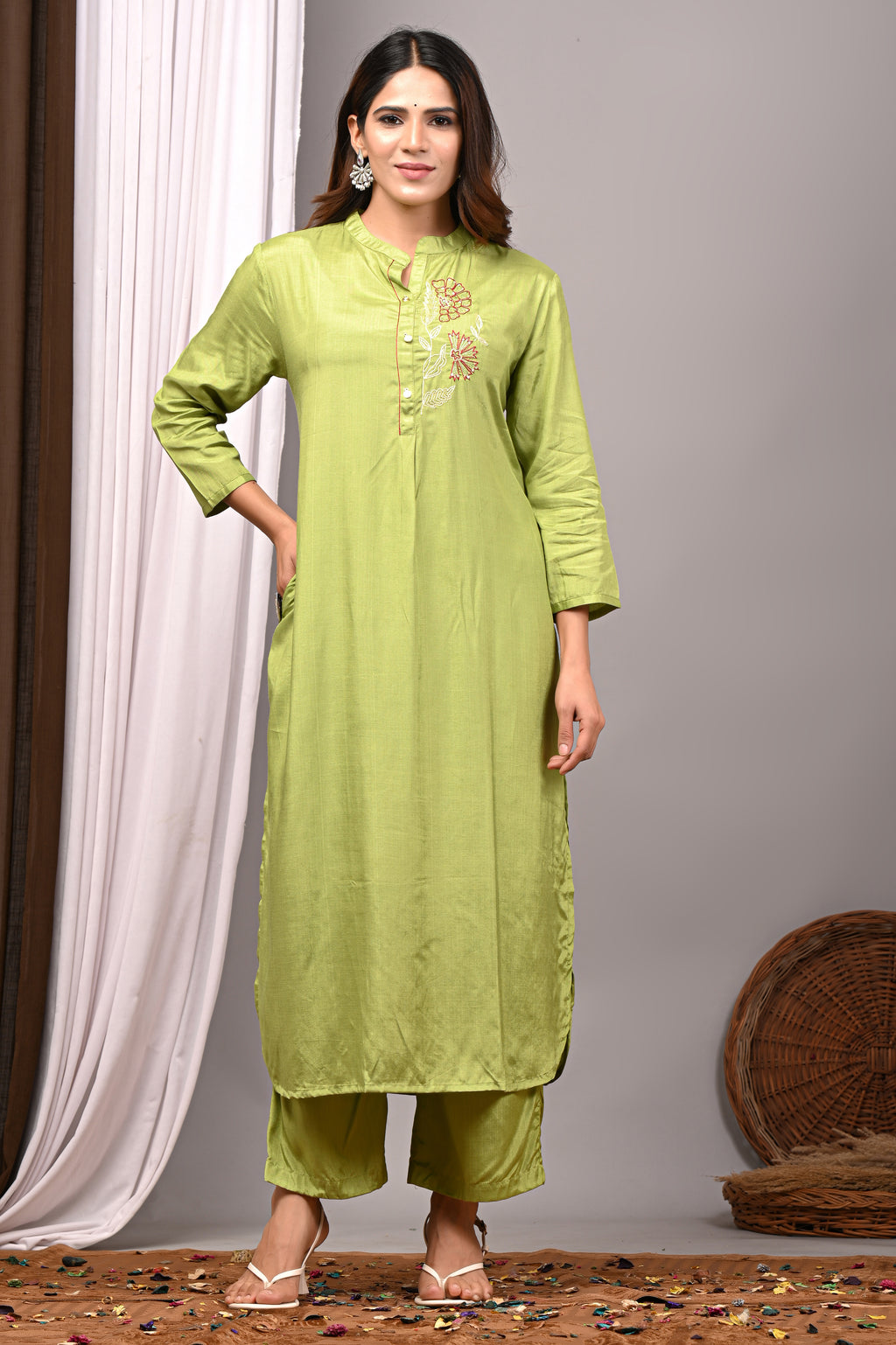 Olive Glaze Hand-Embroidered Modal Silk Luxury Set