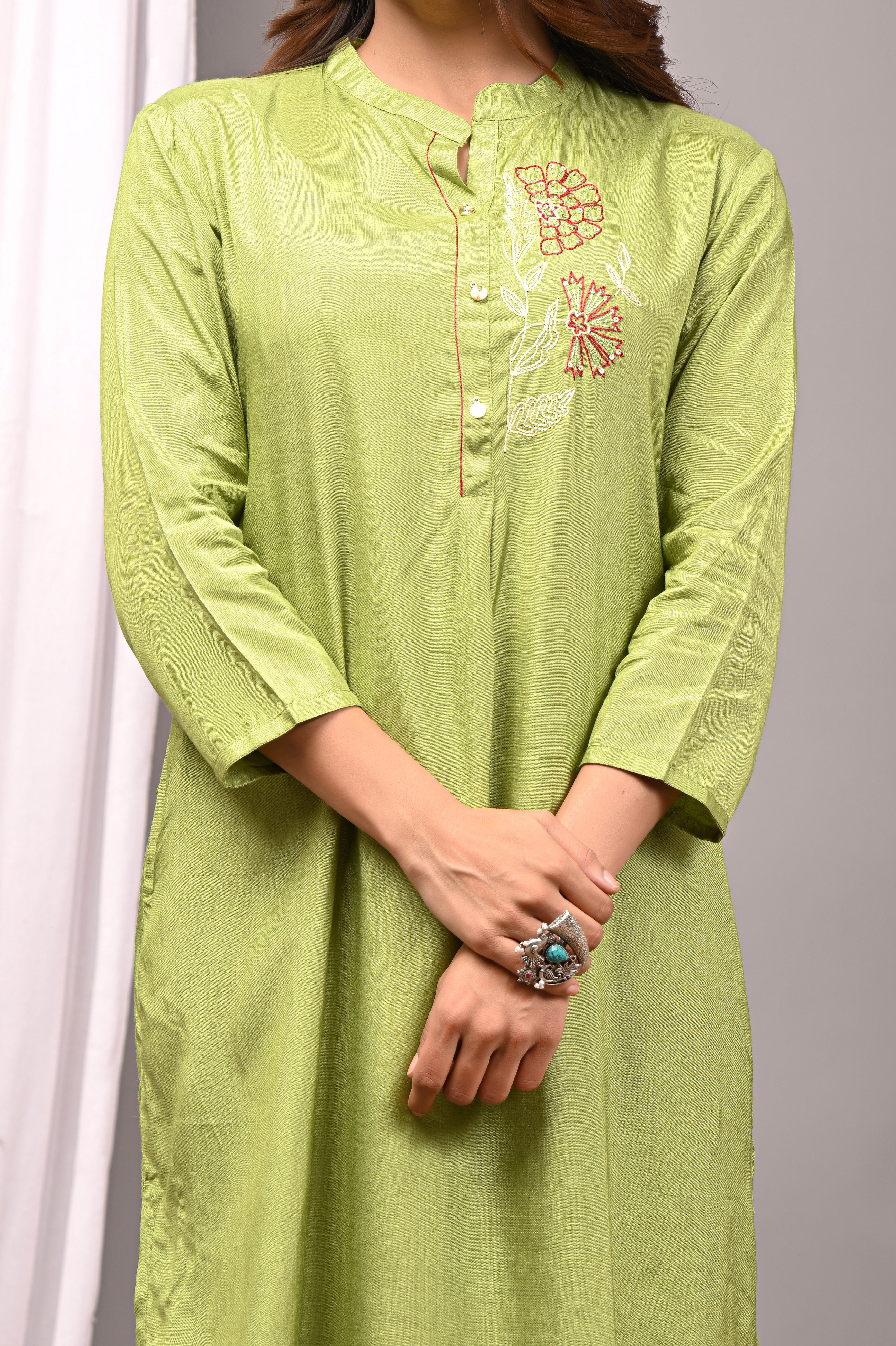 Olive Glaze Hand-Embroidered Modal Silk Luxury Set