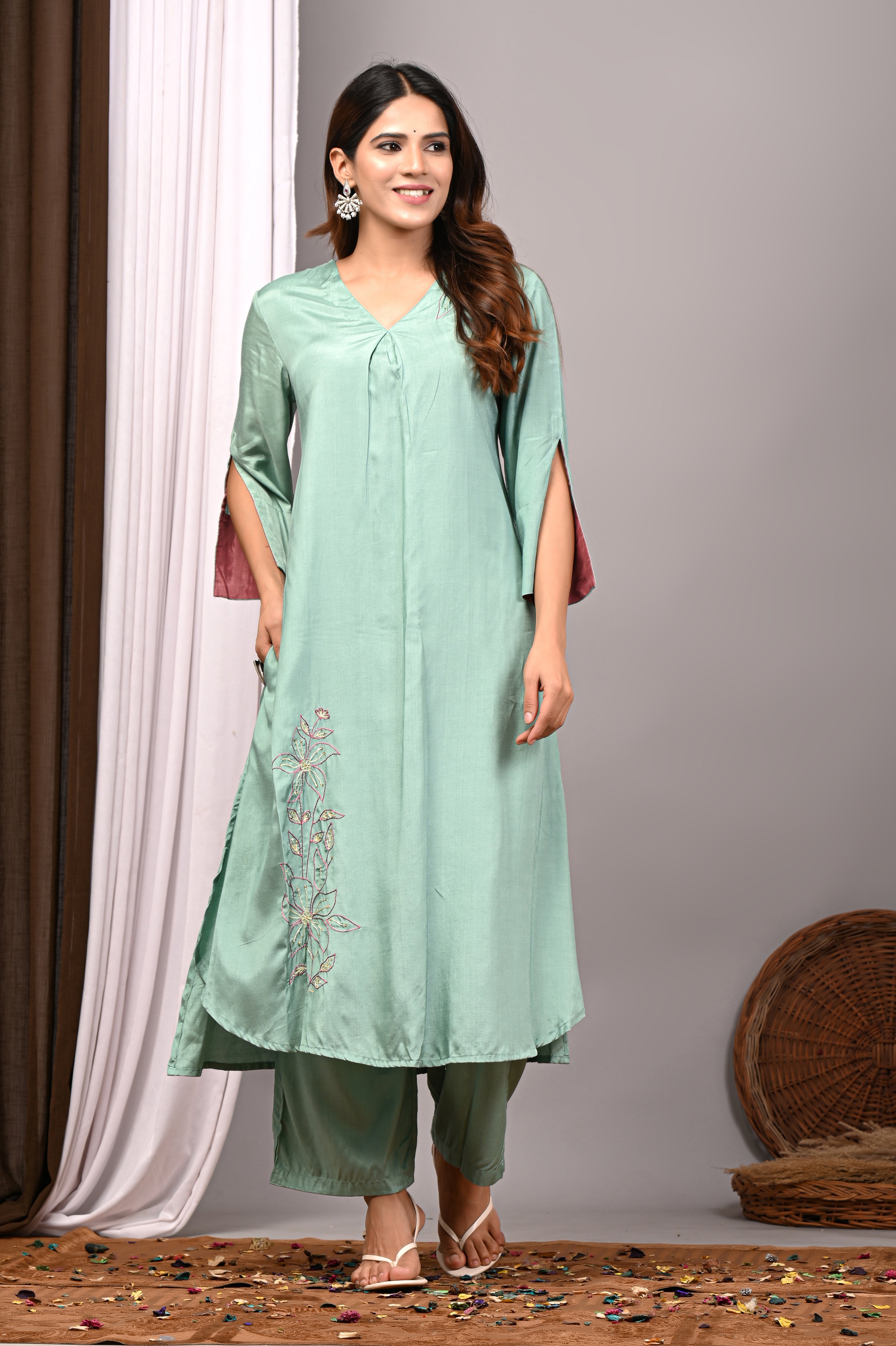 Sage Serenade Hand-Embroidered Modal Silk Set