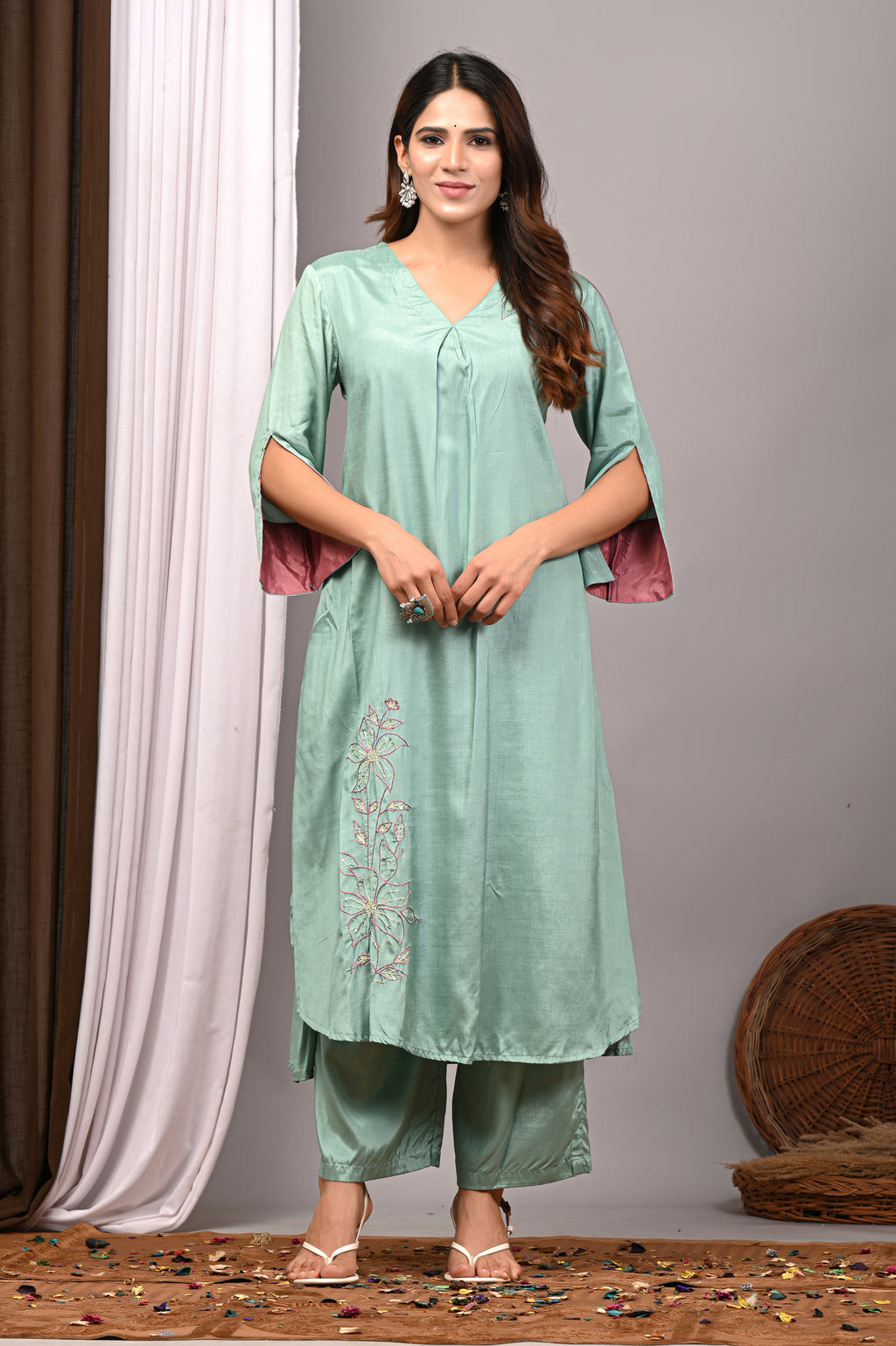 Sage Serenade Hand-Embroidered Modal Silk Set