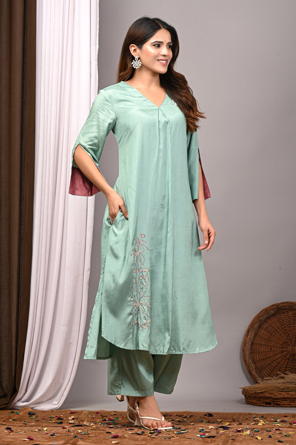 Sage Serenade Hand-Embroidered Modal Silk Set