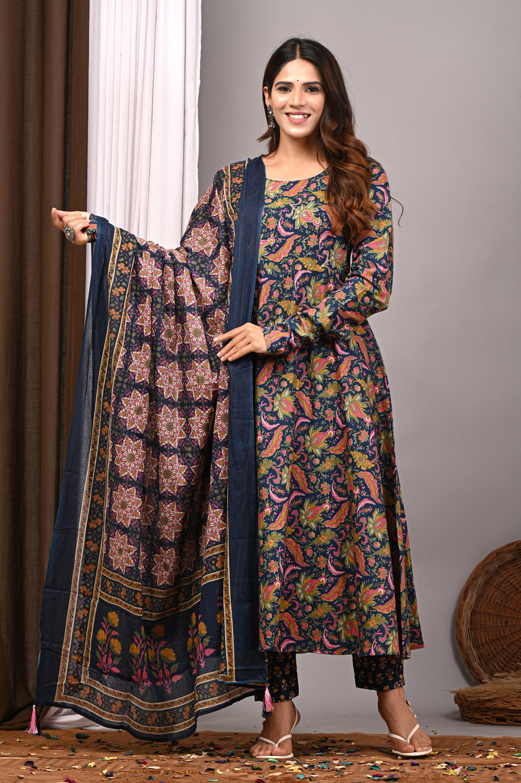 Midnight Paisley Sanganeri Cotton A-Line Sundress Set