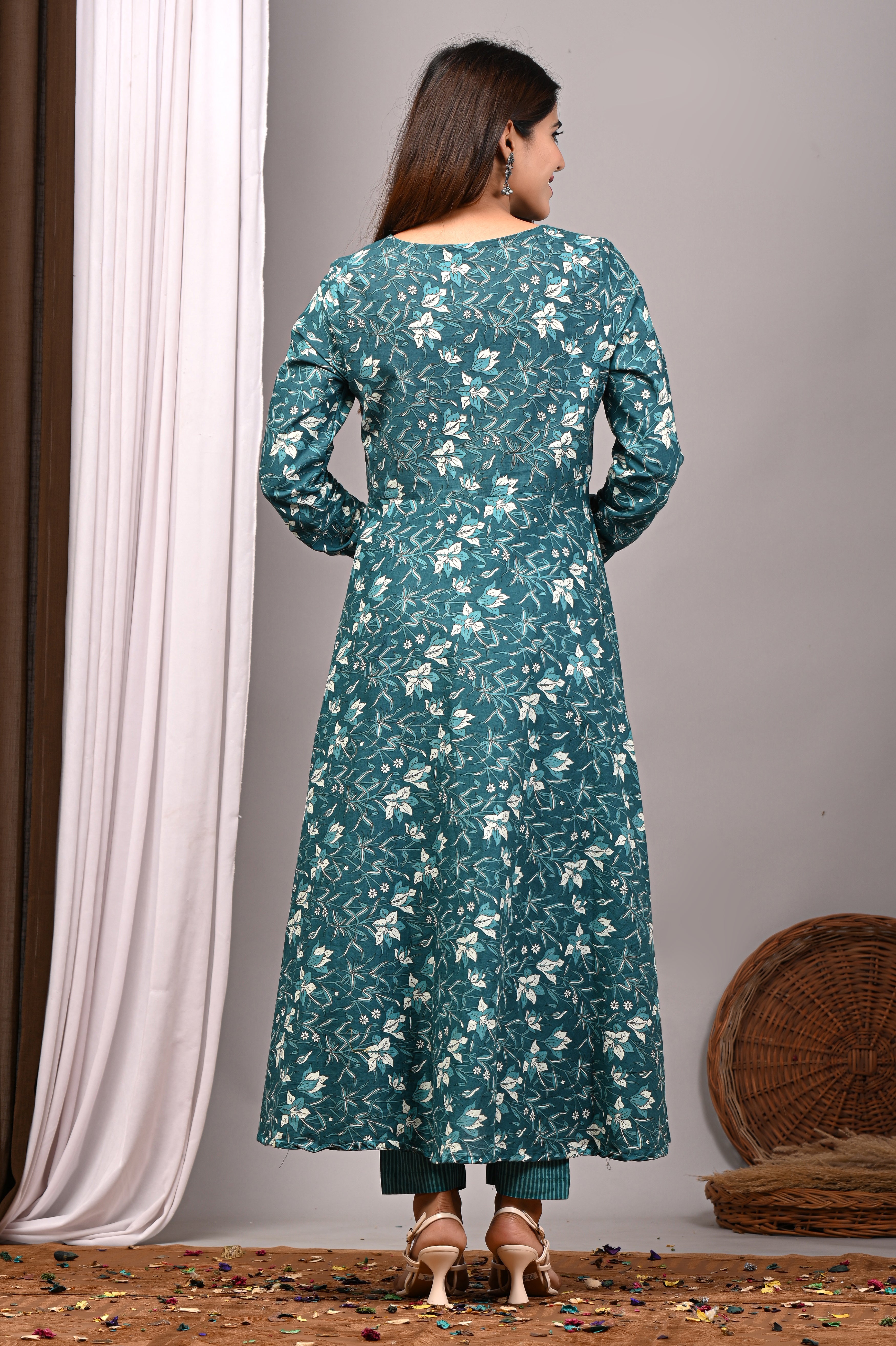Teal Blossom Sanganeri Cotton A-Line Sundress Set