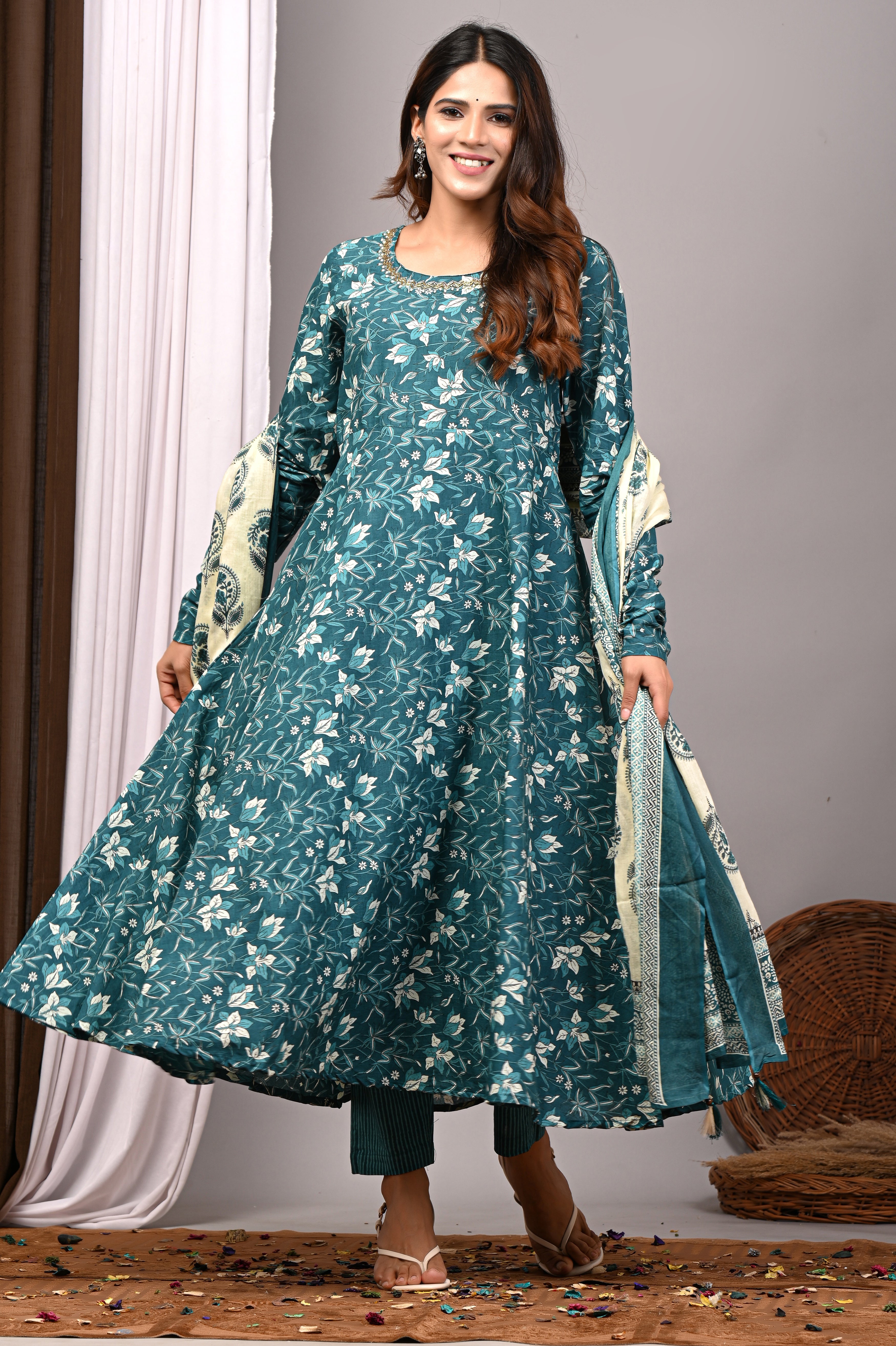 Teal Blossom Sanganeri Cotton A-Line Sundress Set