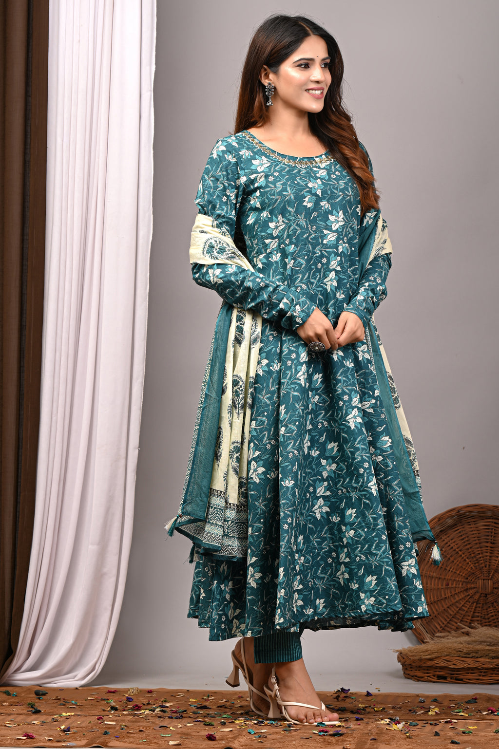 Teal Blossom Sanganeri Cotton A-Line Sundress Set