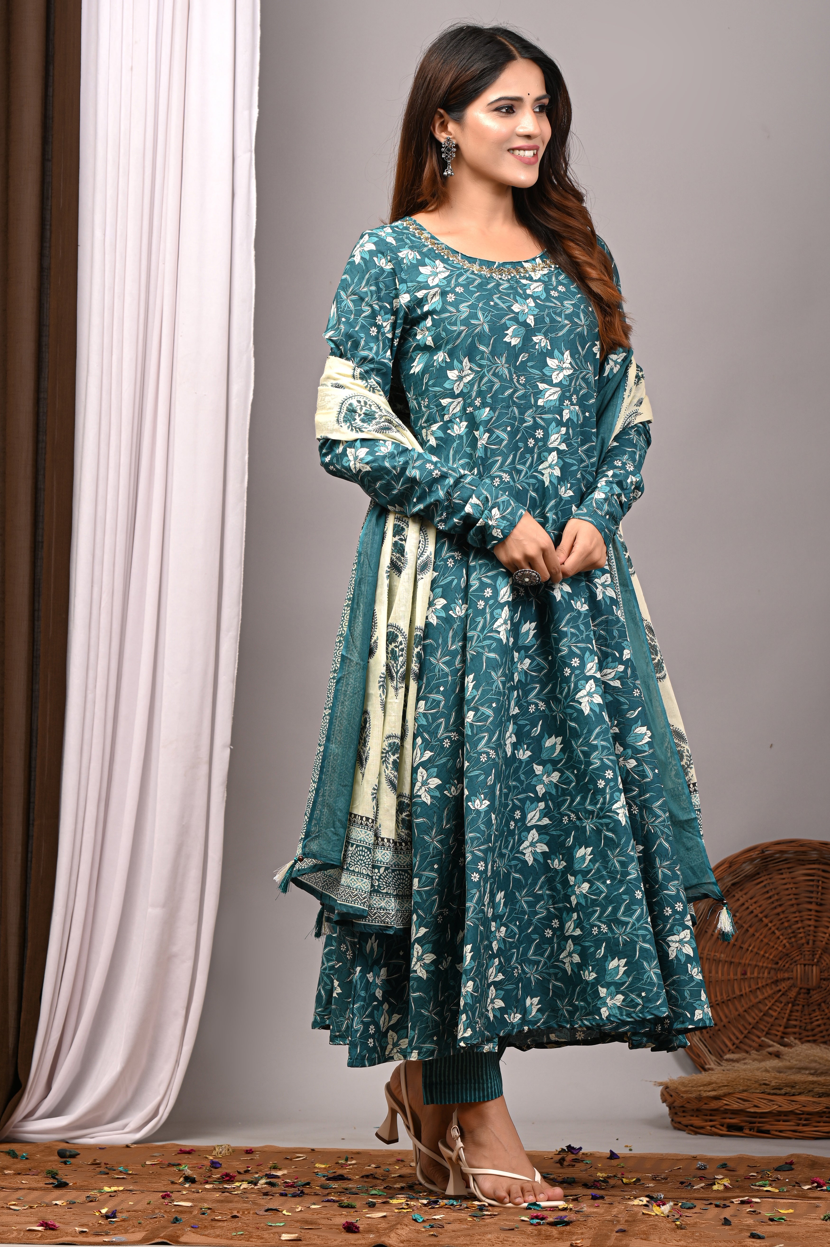 Teal Blossom Sanganeri Cotton A-Line Sundress Set
