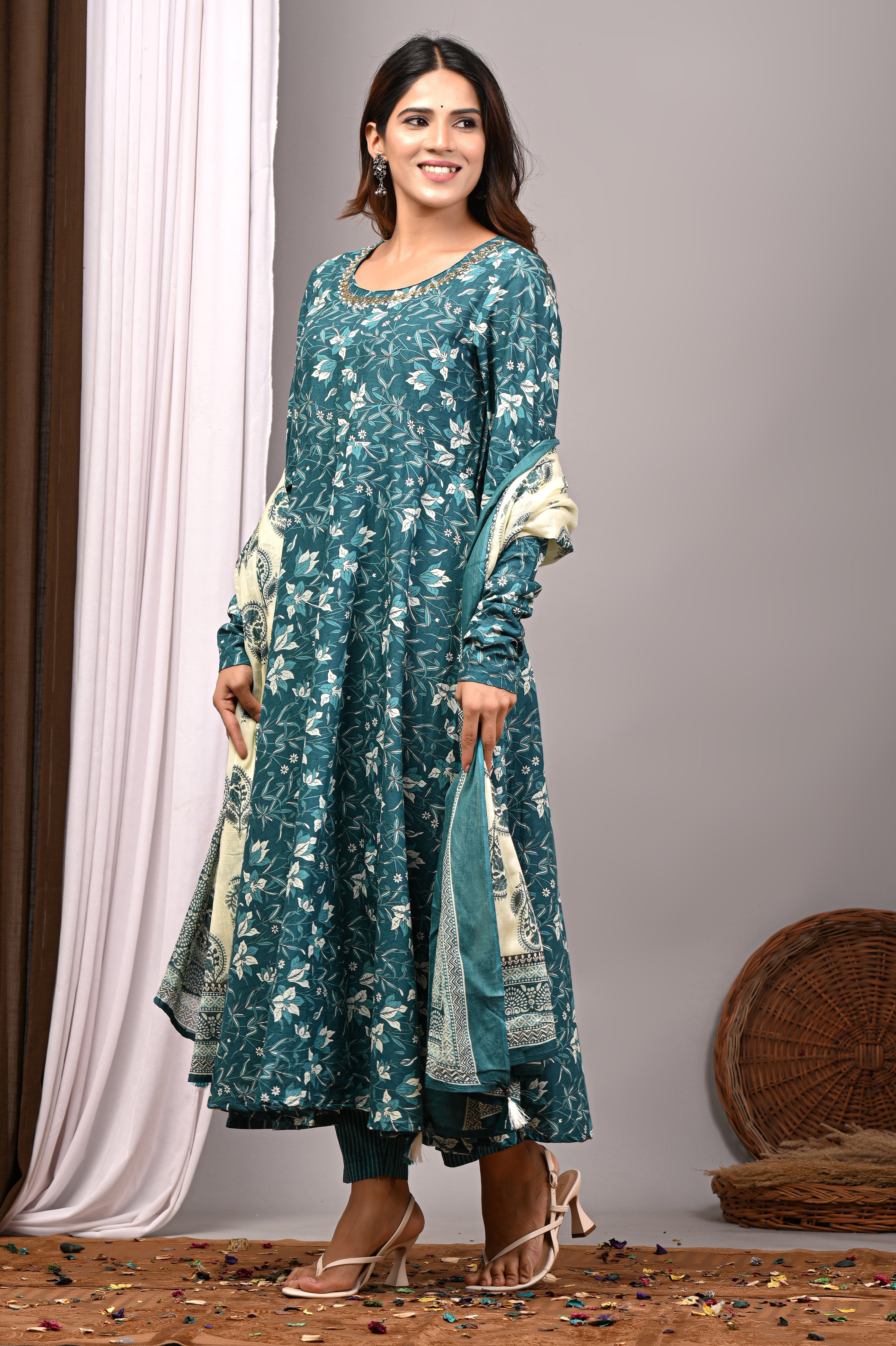 Teal Blossom Sanganeri Cotton A-Line Sundress Set
