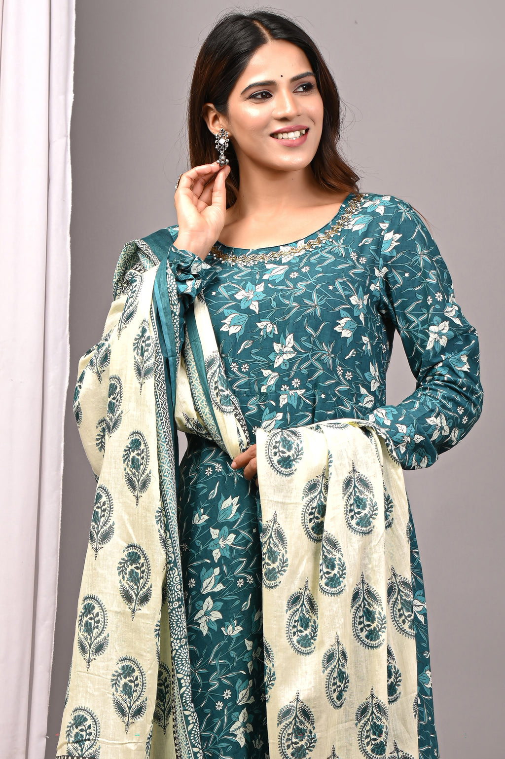 Teal Blossom Sanganeri Cotton A-Line Sundress Set