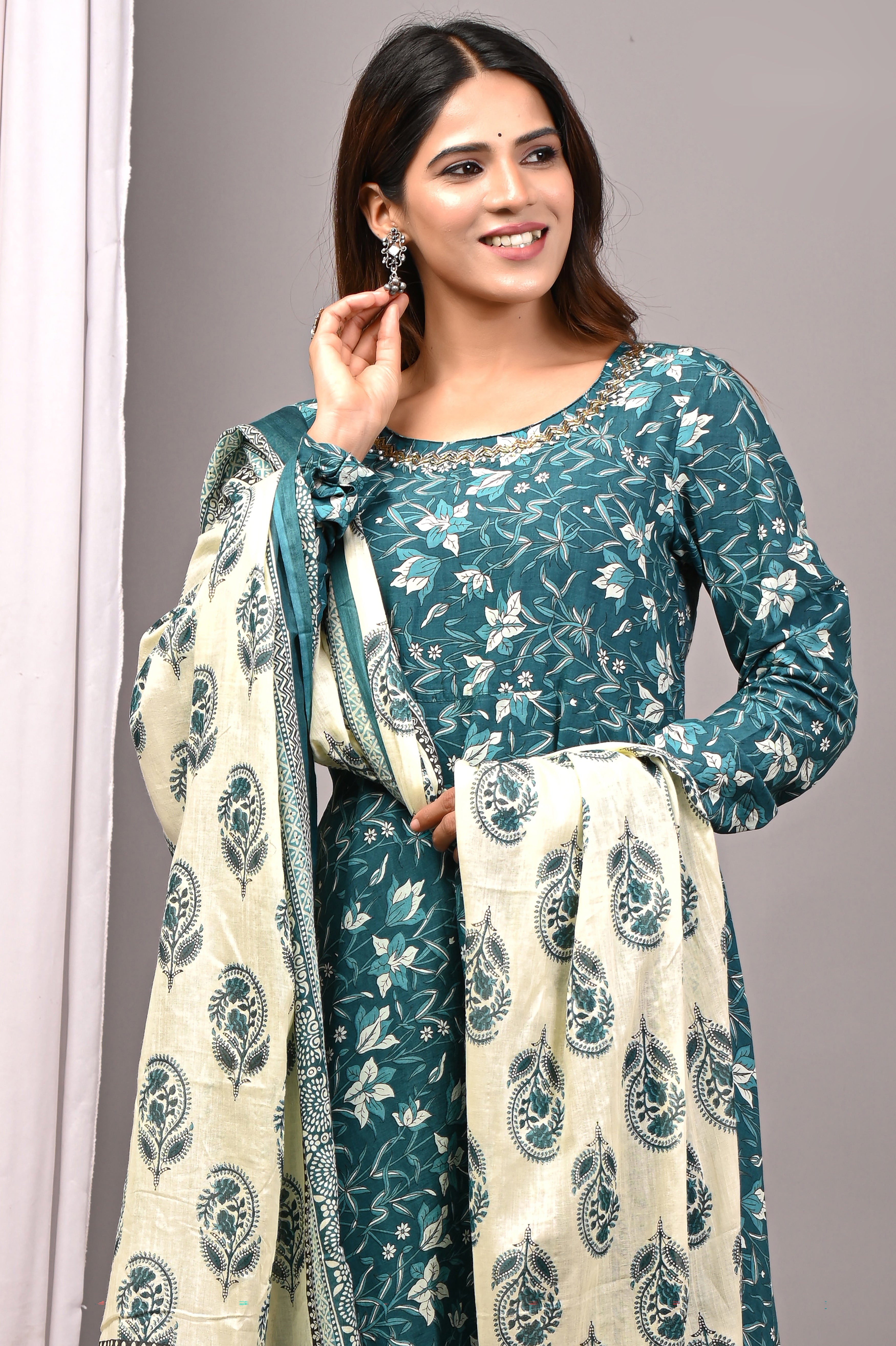 Teal Blossom Sanganeri Cotton A-Line Sundress Set