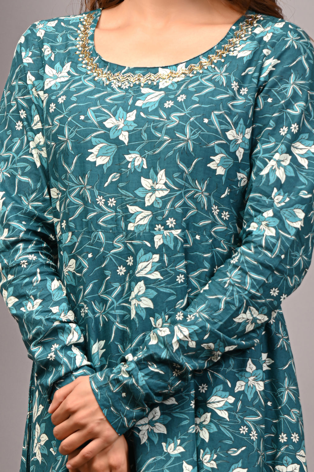 Teal Blossom Sanganeri Cotton A-Line Sundress Set