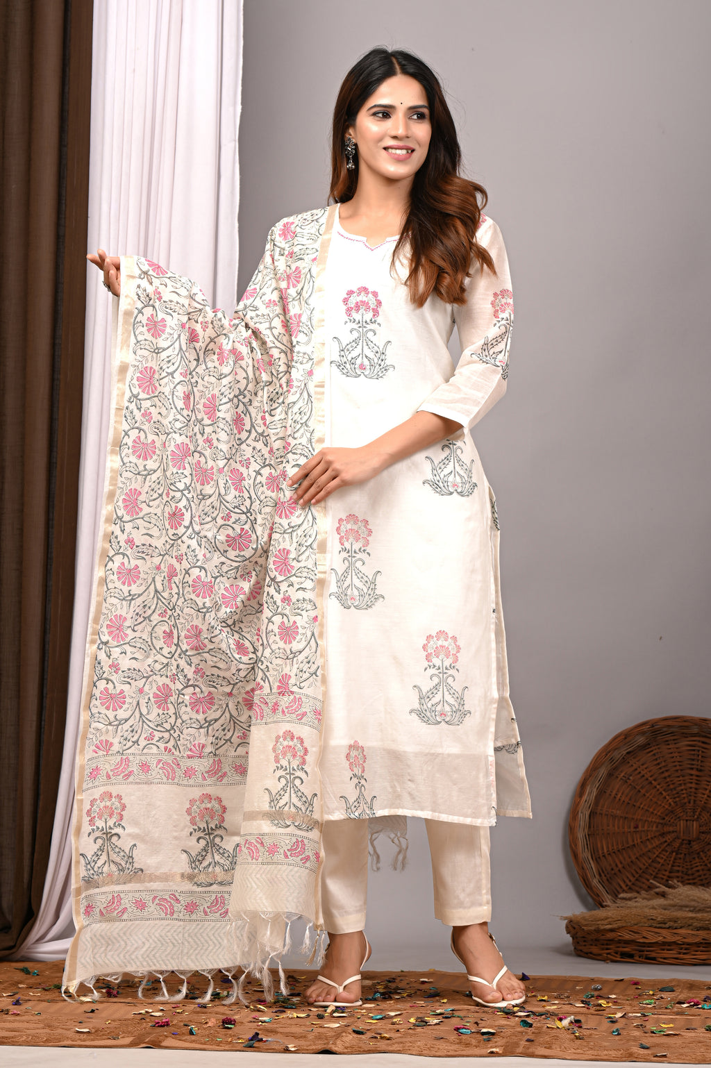 Ivory Rose Mughal Boota Chanderi Silk Suit Set