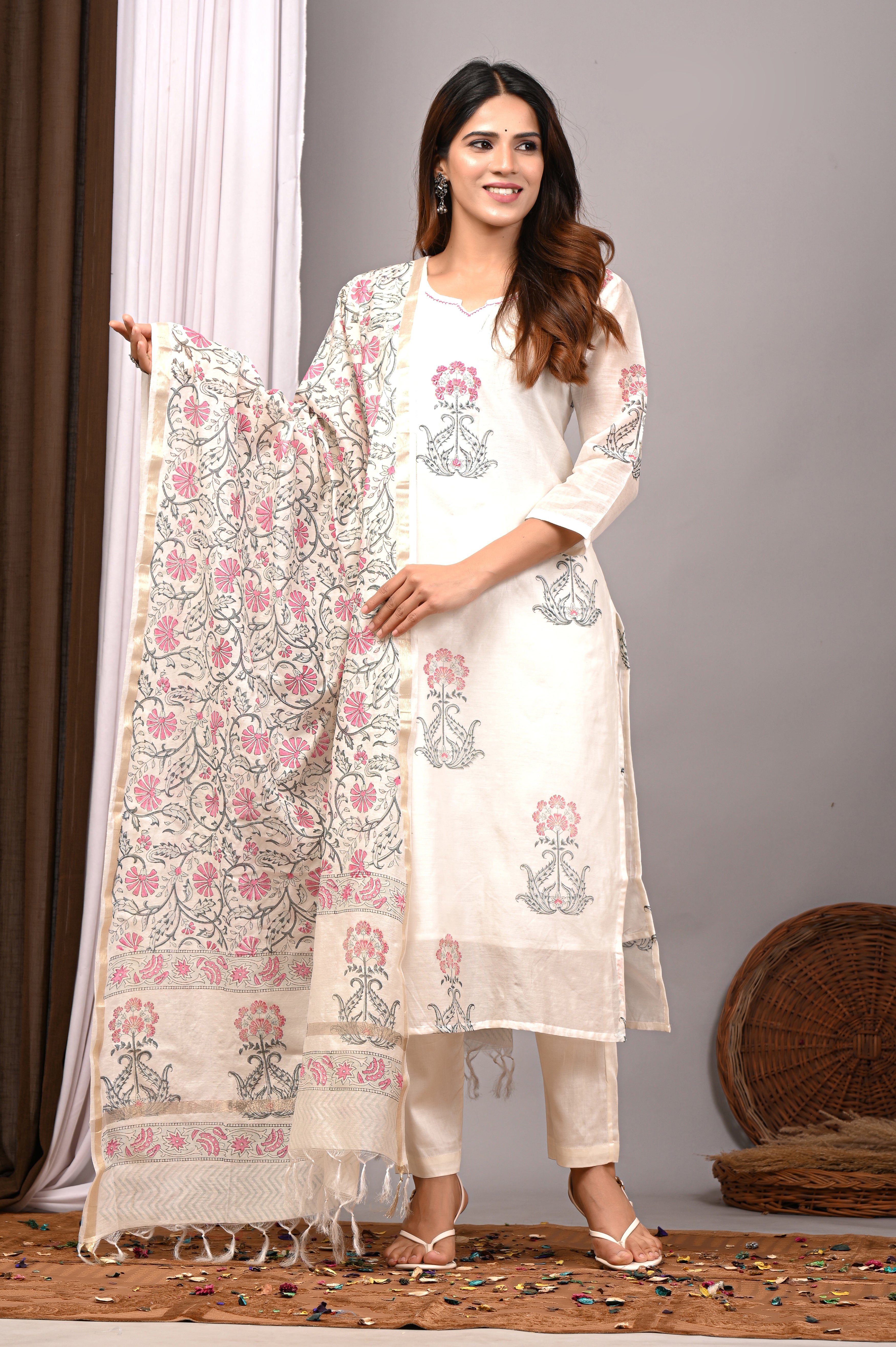 Ivory Rose Mughal Boota Chanderi Silk Suit Set
