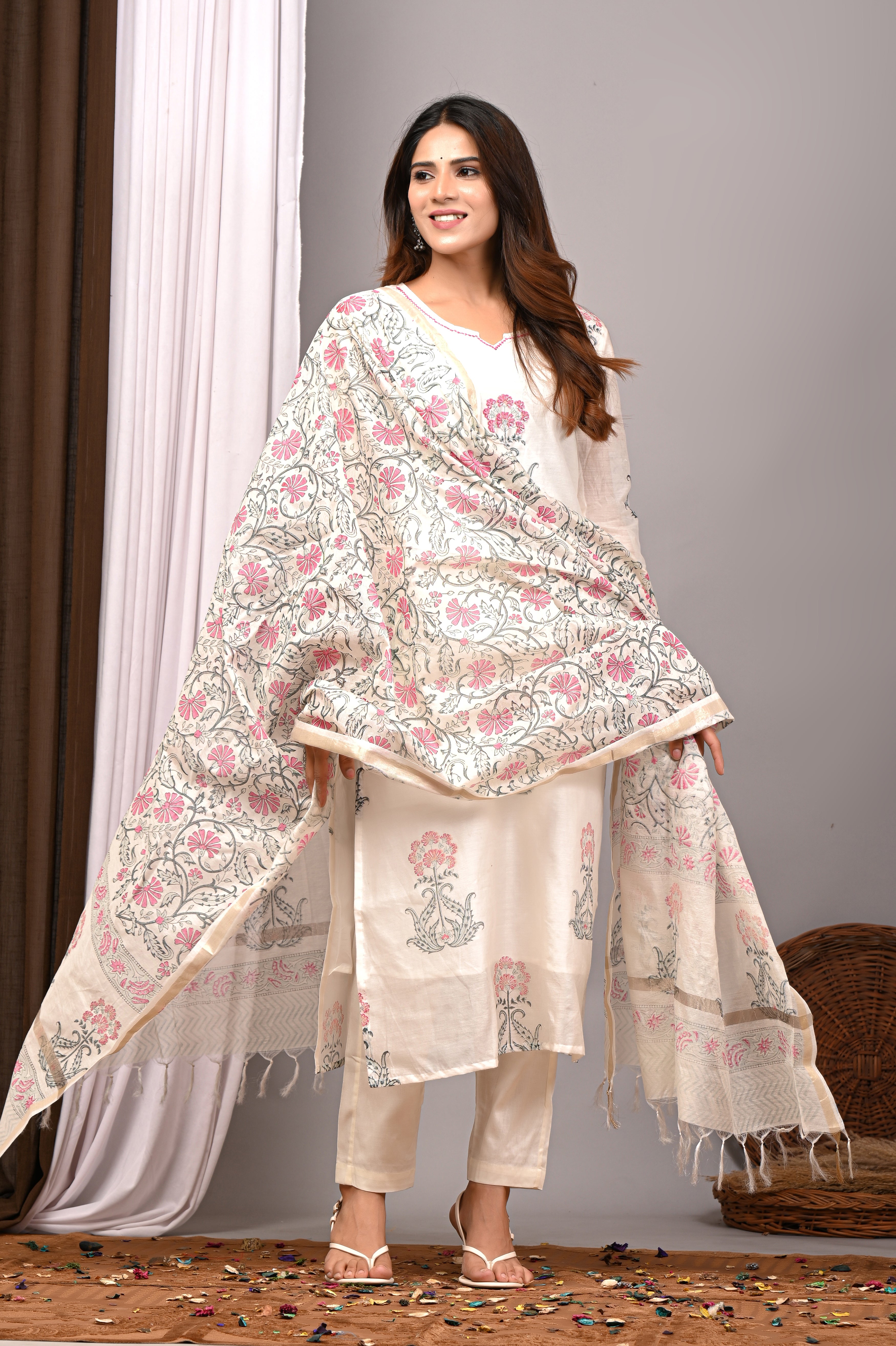 Ivory Rose Mughal Boota Chanderi Silk Suit Set