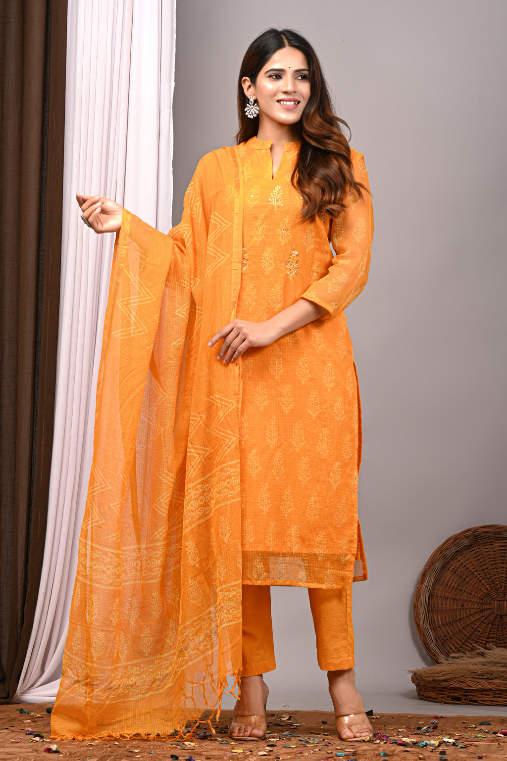 Sunshine Yellow Handblock Kota Doria Set