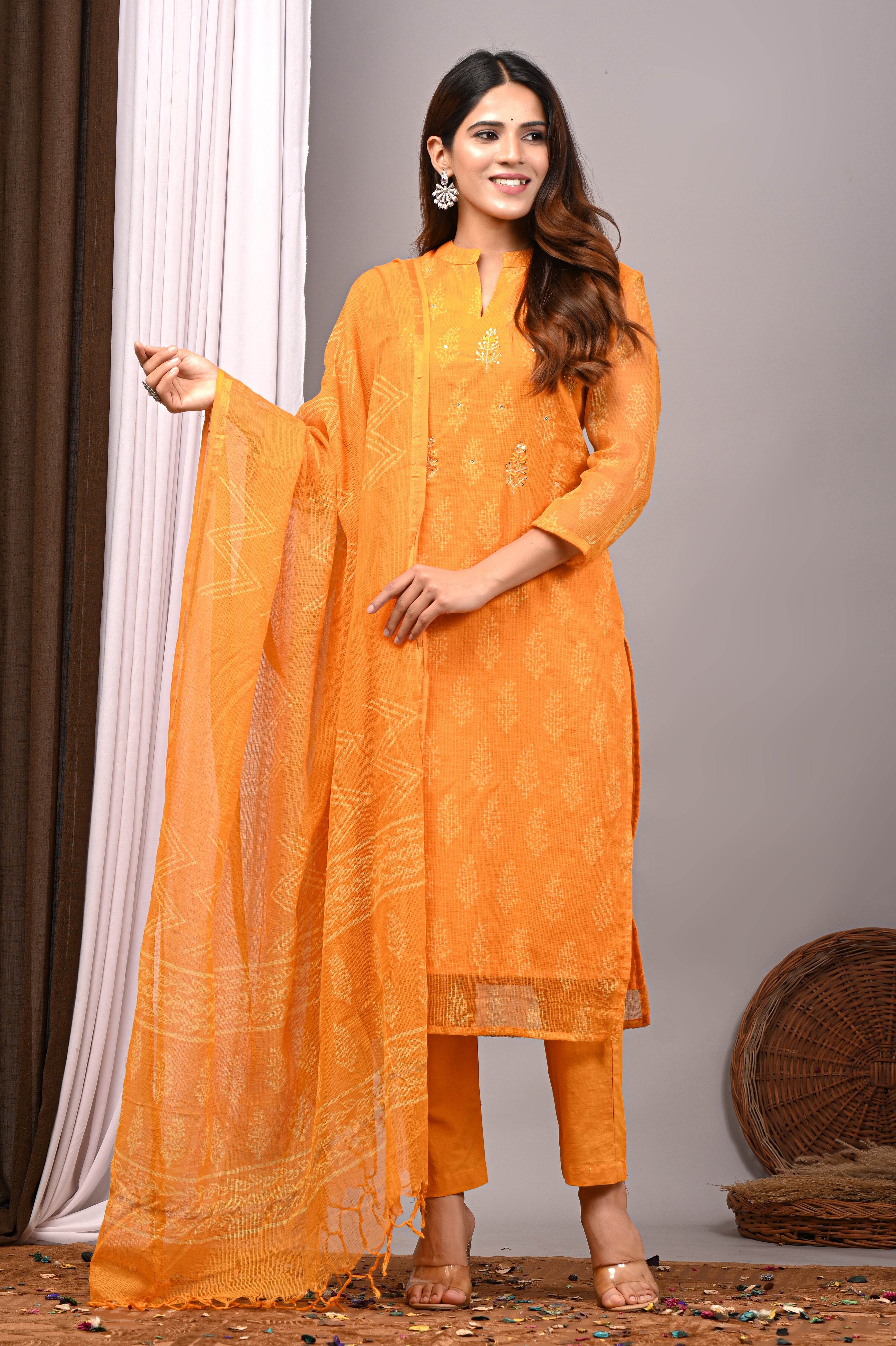 Sunshine Yellow Handblock Kota Doria Set