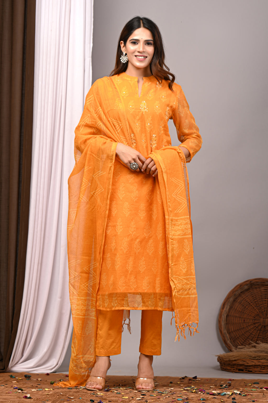 Sunshine Yellow Handblock Kota Doria Set