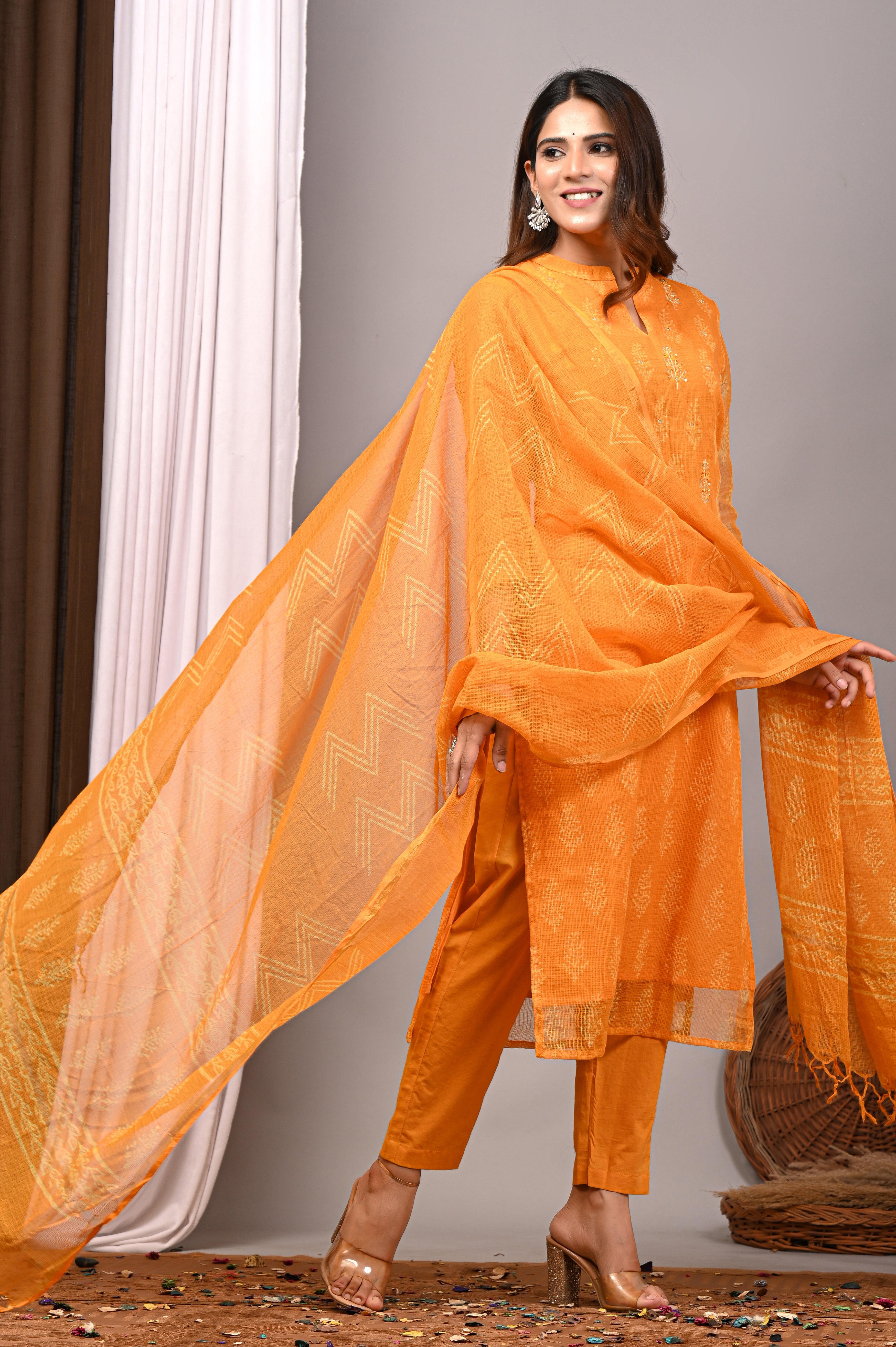 Sunshine Yellow Handblock Kota Doria Set