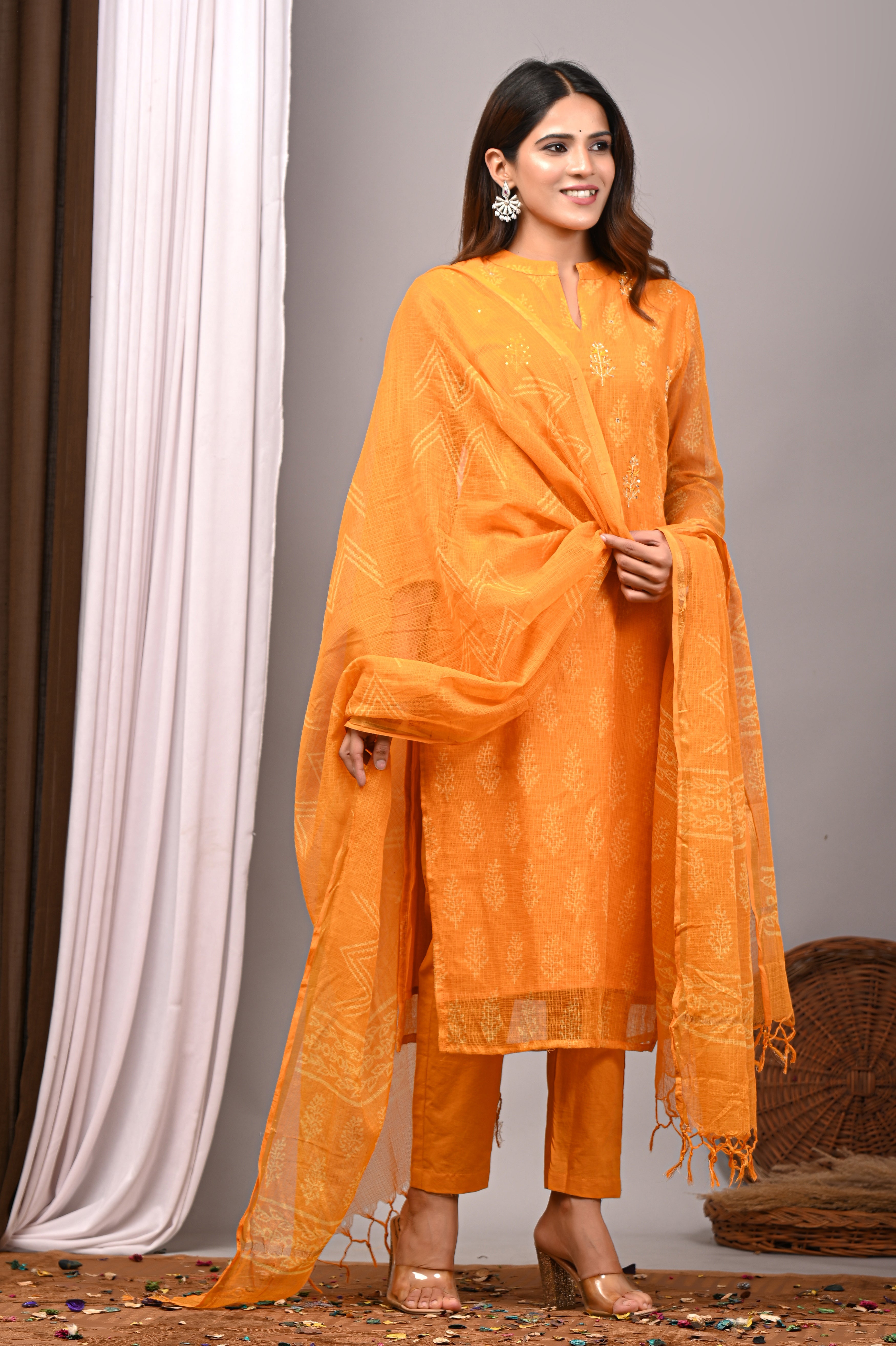 Sunshine Yellow Handblock Kota Doria Set