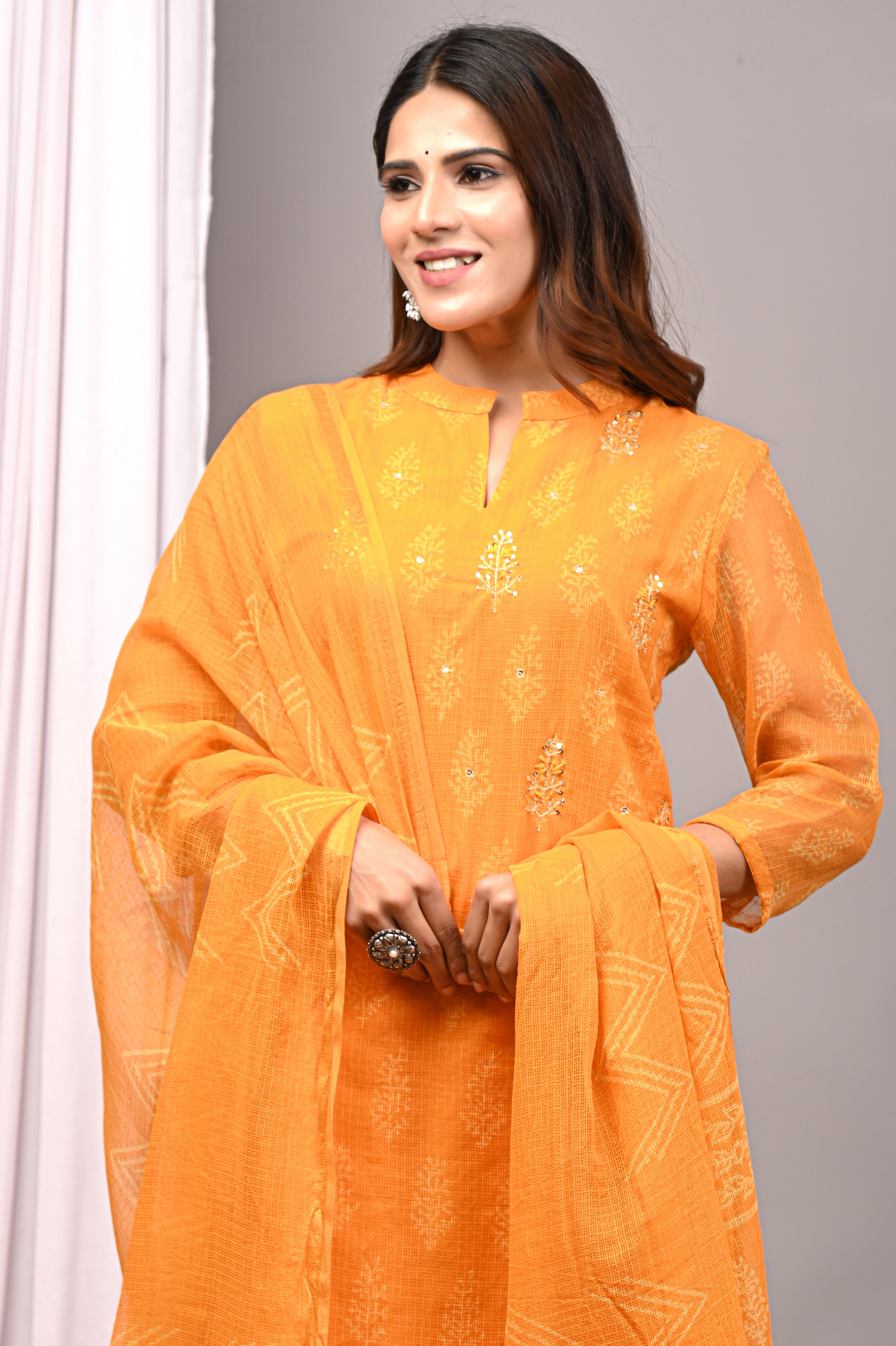 Sunshine Yellow Handblock Kota Doria Set