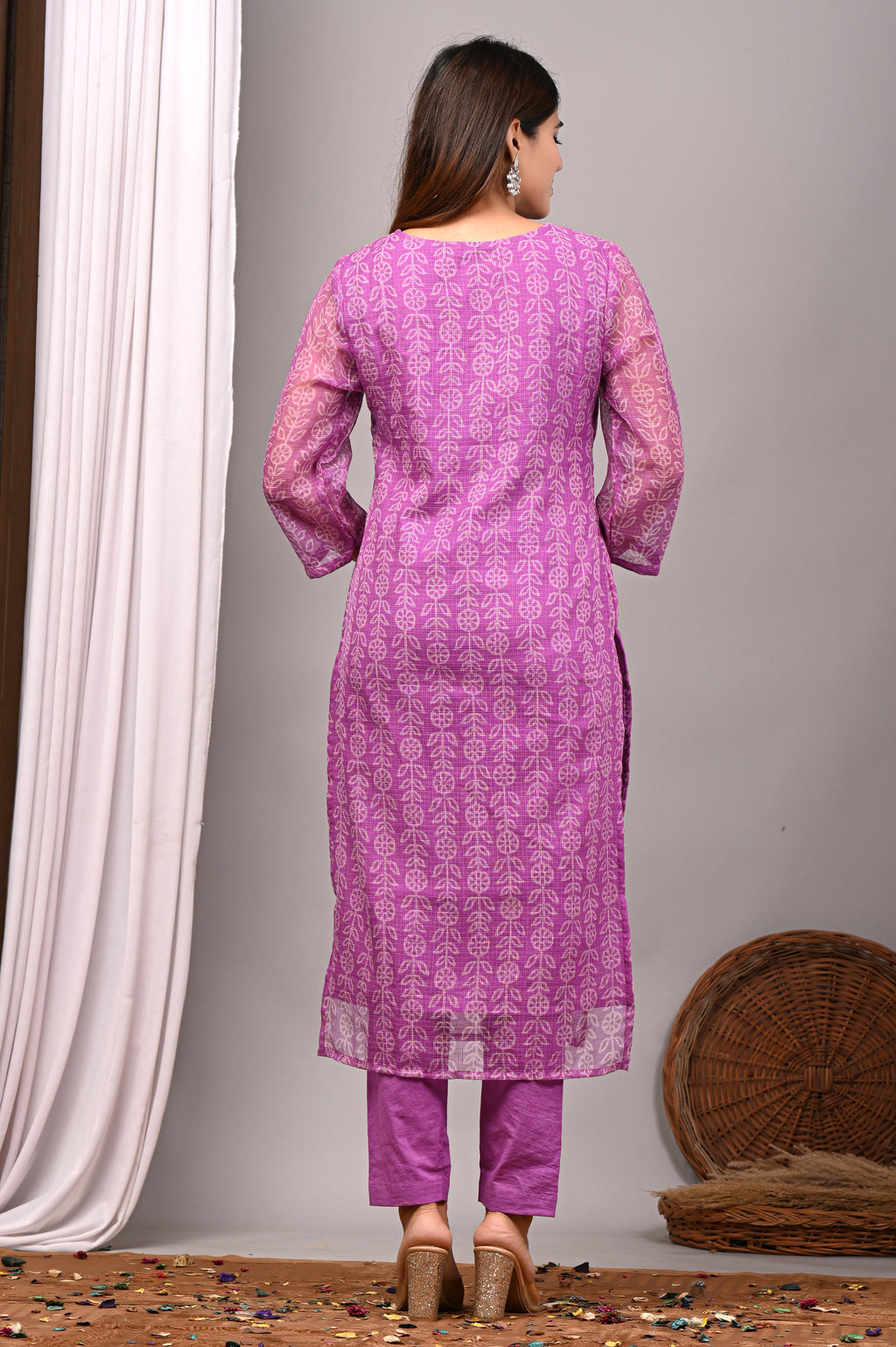 Vibrant Pink Handblock Printed Kota Doria Set
