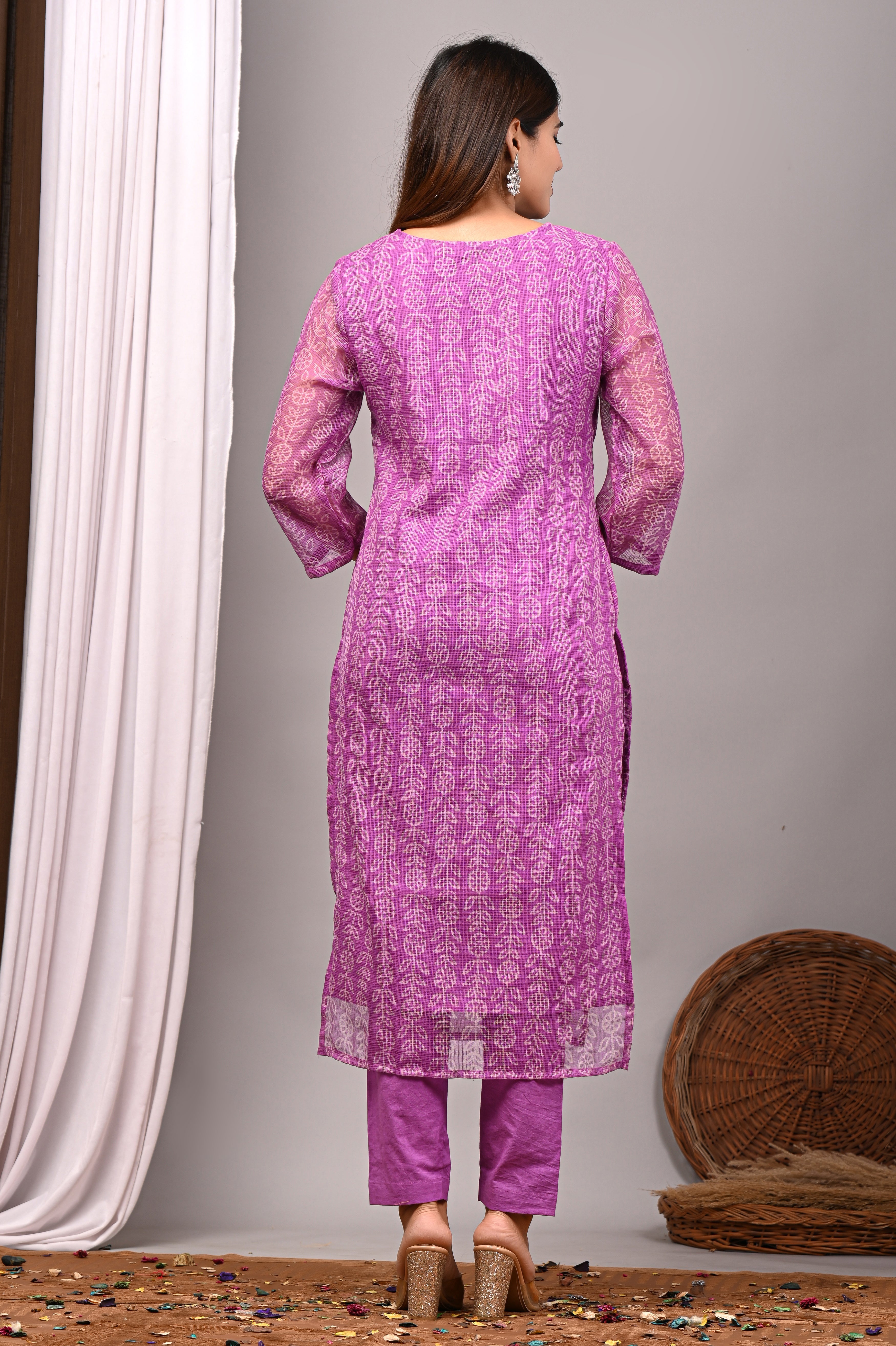 Vibrant Pink Handblock Printed Kota Doria Set