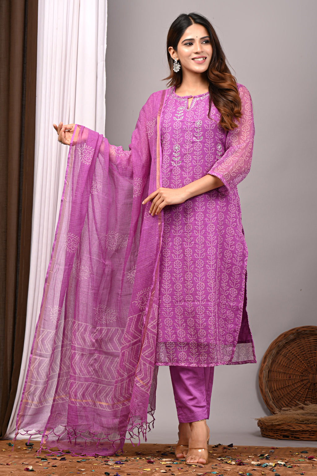 Vibrant Pink Handblock Printed Kota Doria Set
