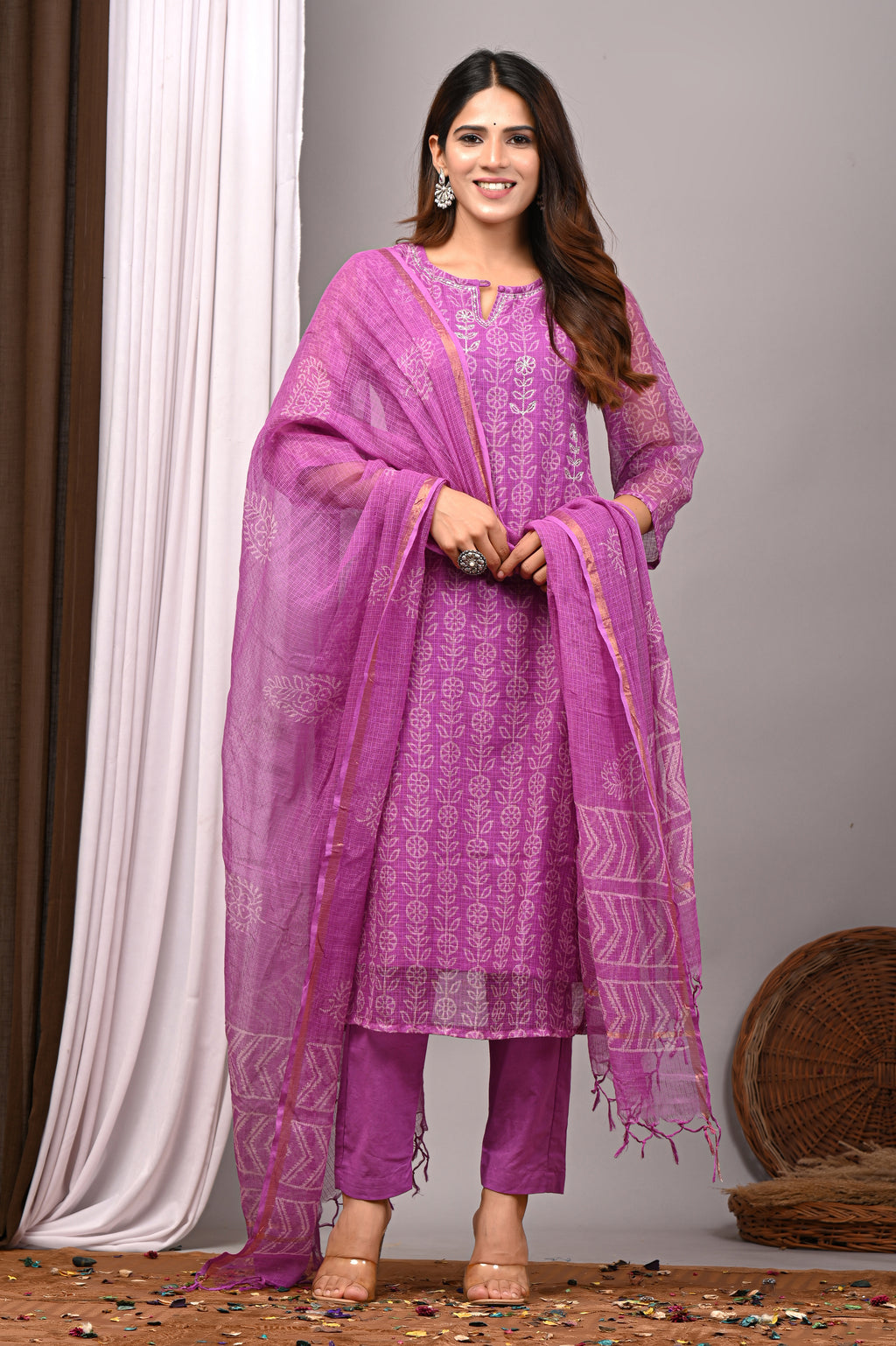 Vibrant Pink Handblock Printed Kota Doria Set