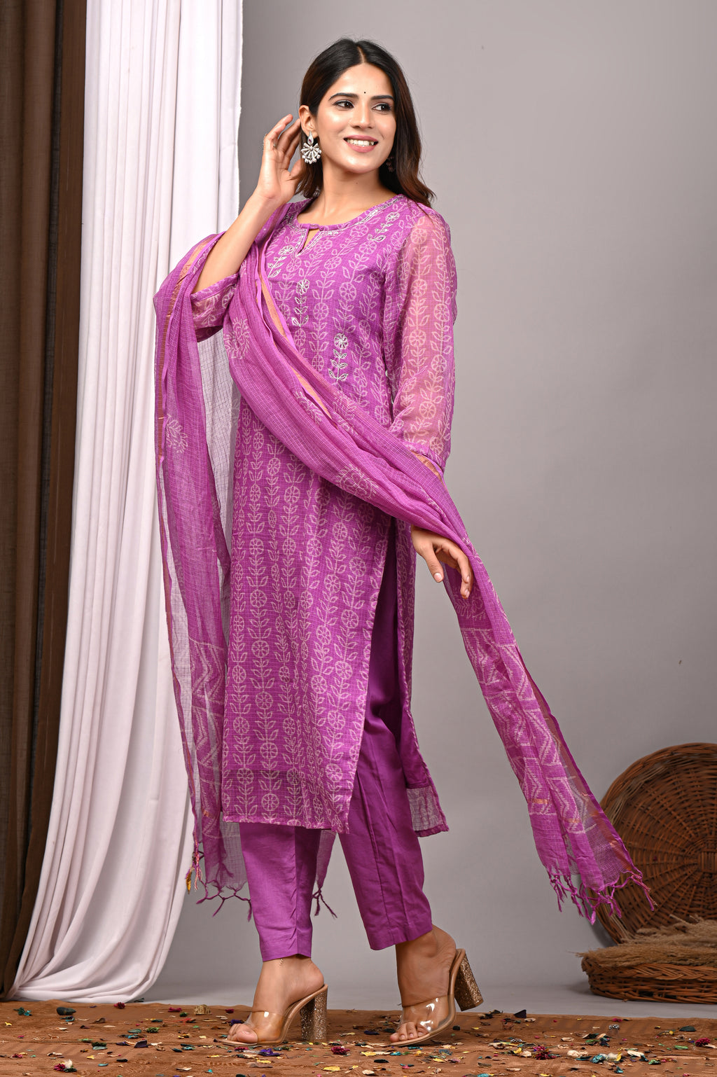 Vibrant Pink Handblock Printed Kota Doria Set