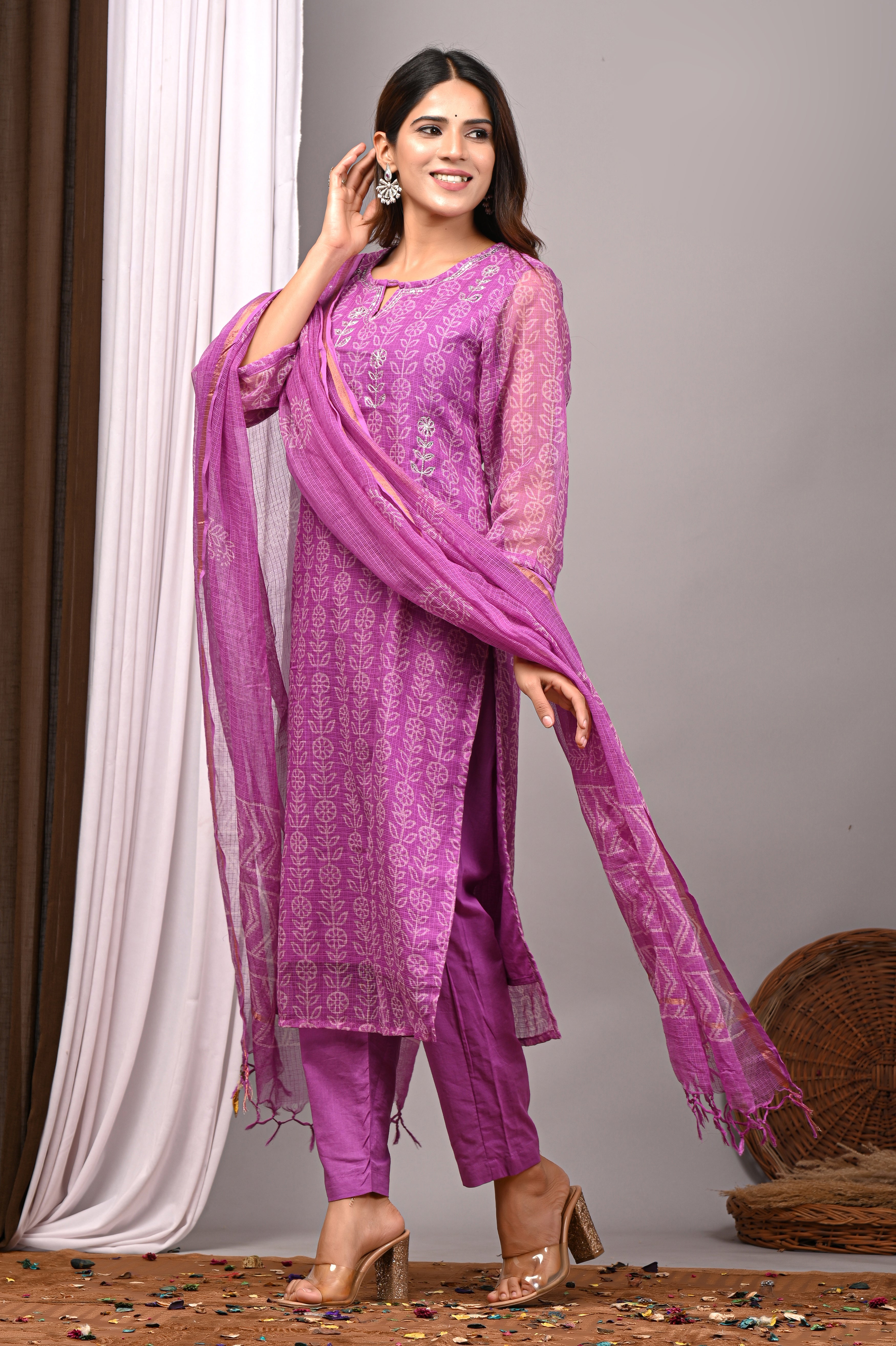 Vibrant Pink Handblock Printed Kota Doria Set