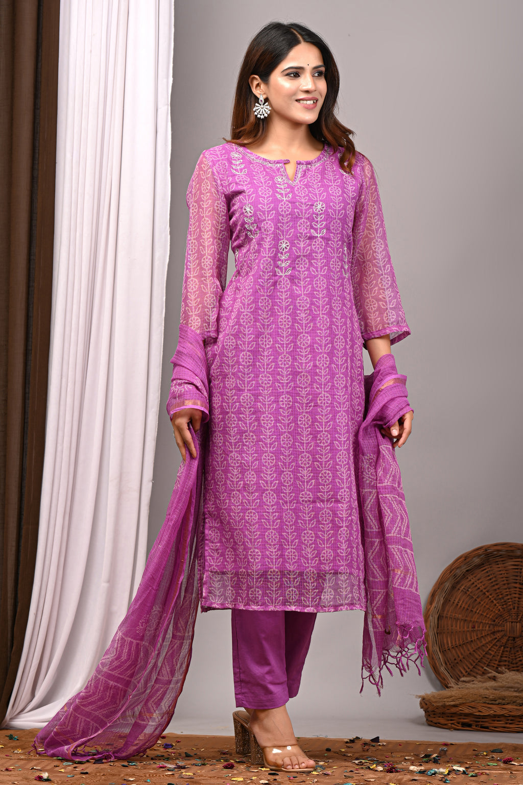 Vibrant Pink Handblock Printed Kota Doria Set