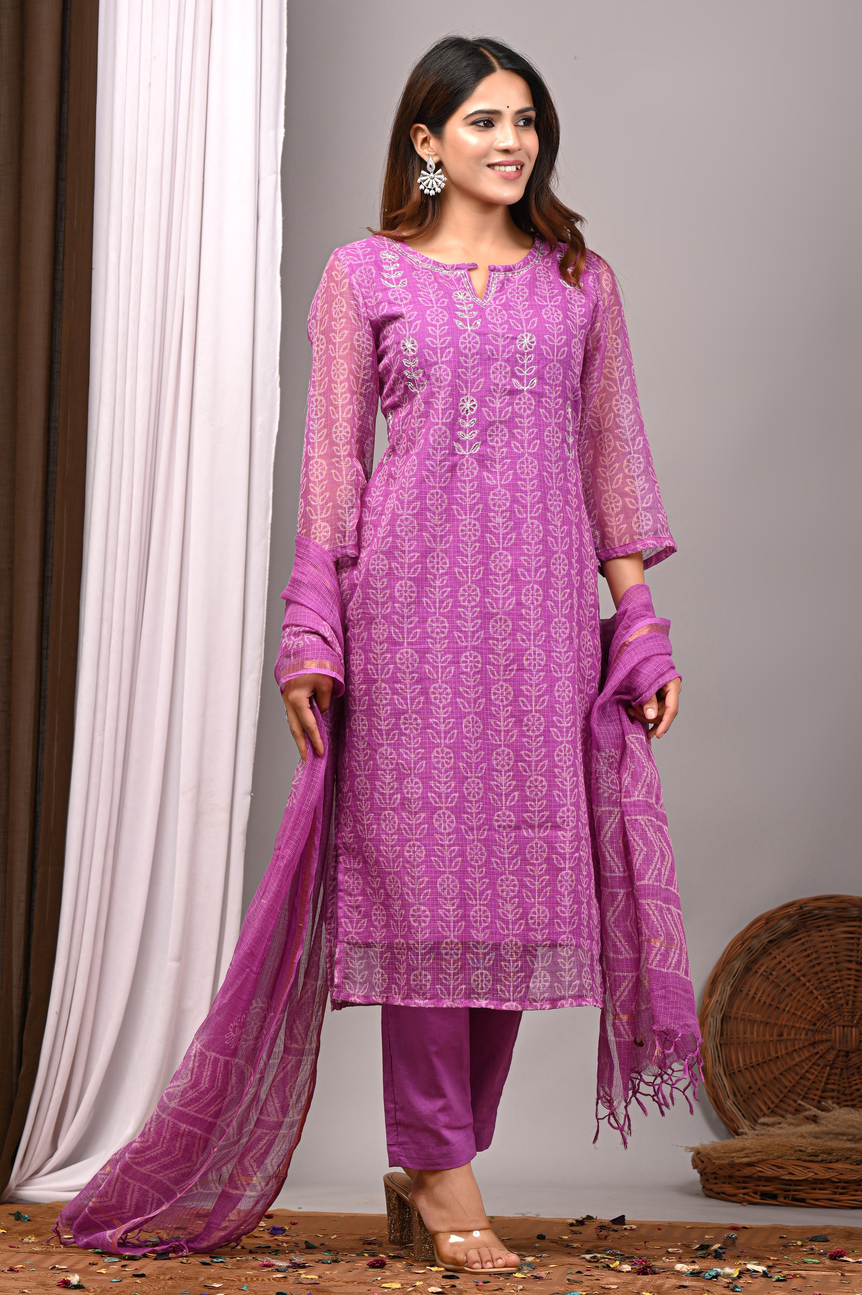 Vibrant Pink Handblock Printed Kota Doria Set