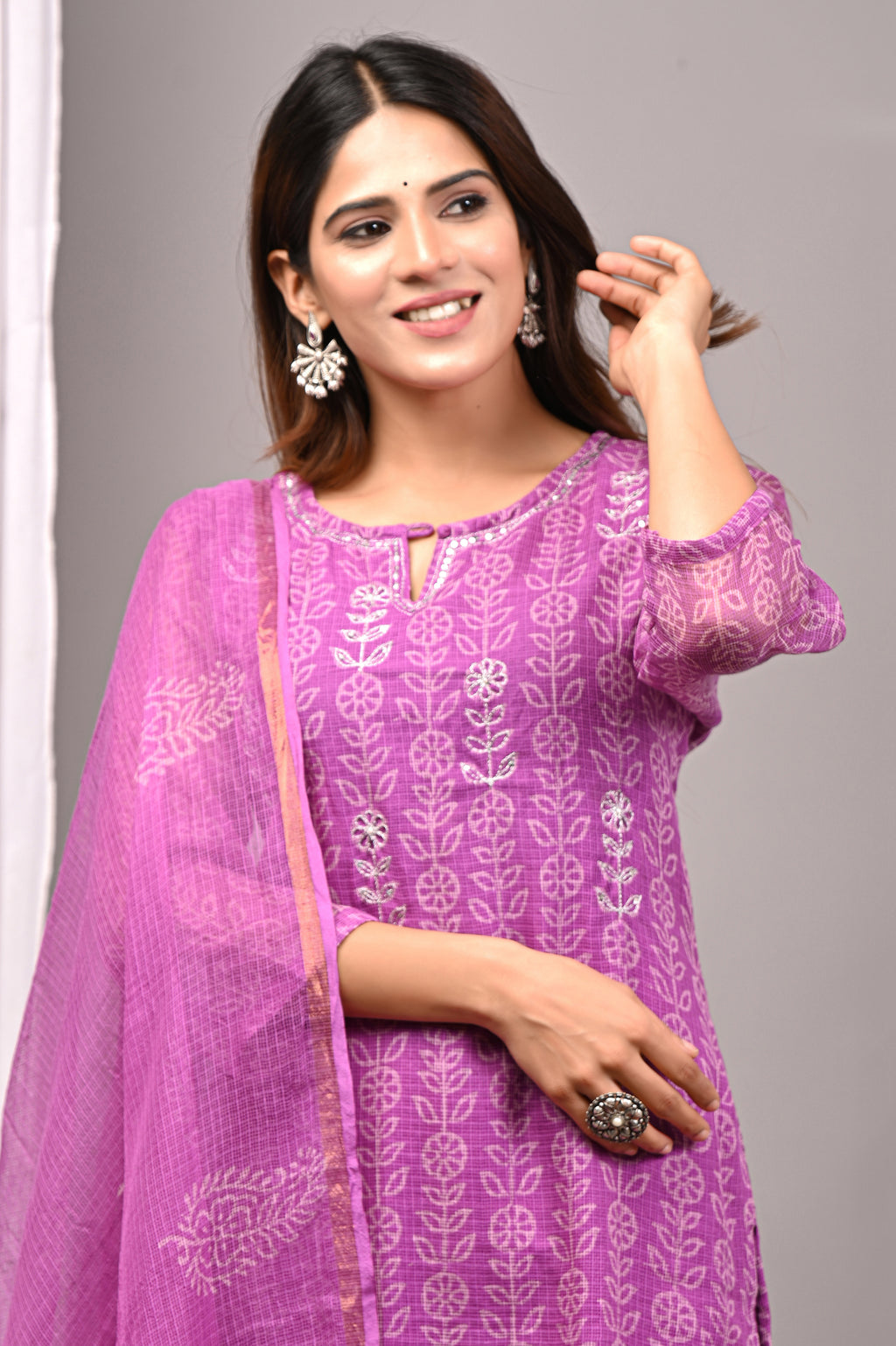 Vibrant Pink Handblock Printed Kota Doria Set